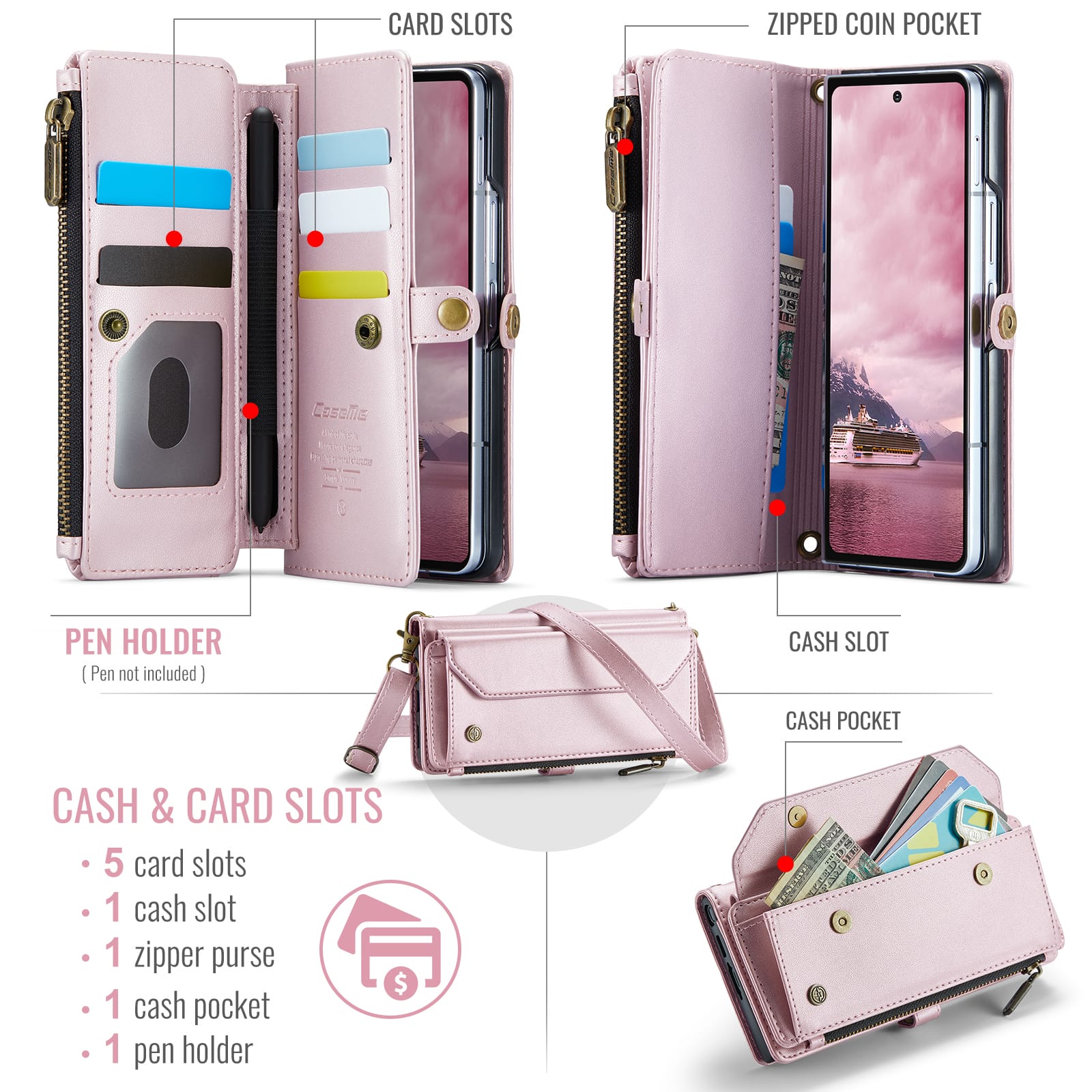 Galaxy Z Fold 7 CaseMe Crossbody Wallet Case with Strap, Card Slots & Zipper Pocket [Pink]