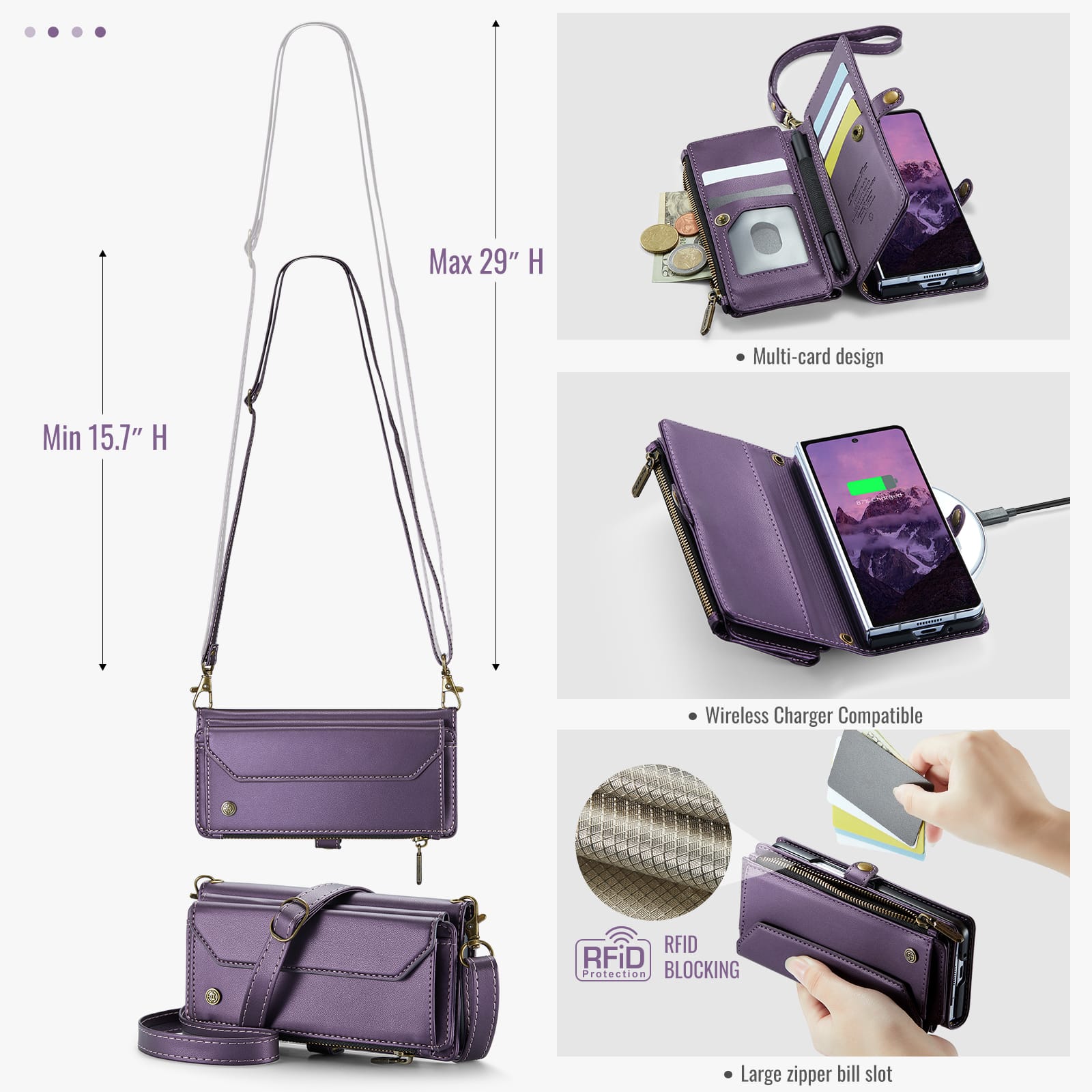 Galaxy Z Fold 7 CaseMe Crossbody Wallet Case with Strap, Card Slots & Zipper Pocket [Purple]