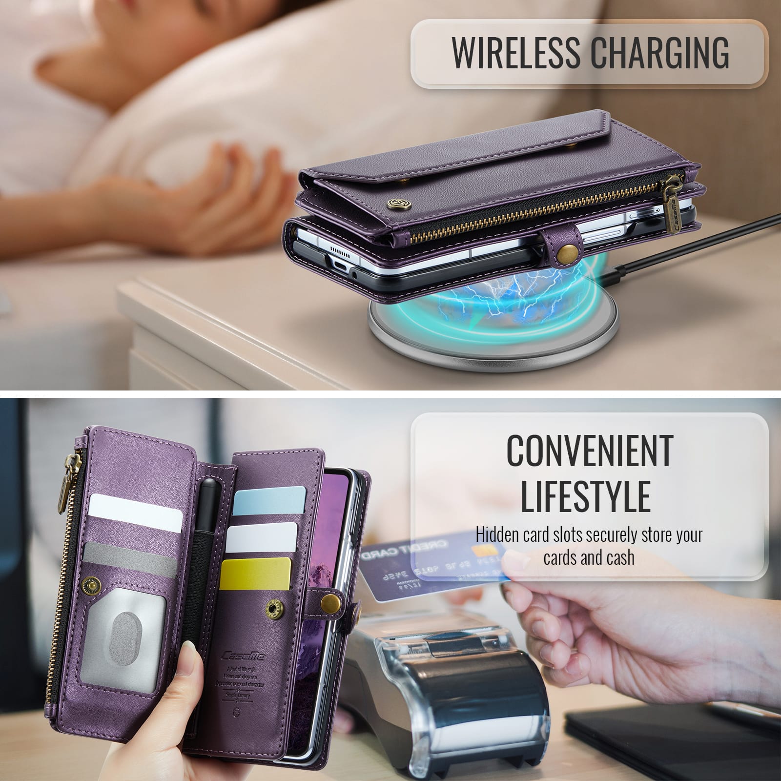 Galaxy Z Fold 7 CaseMe Crossbody Wallet Case with Strap, Card Slots & Zipper Pocket [Purple]