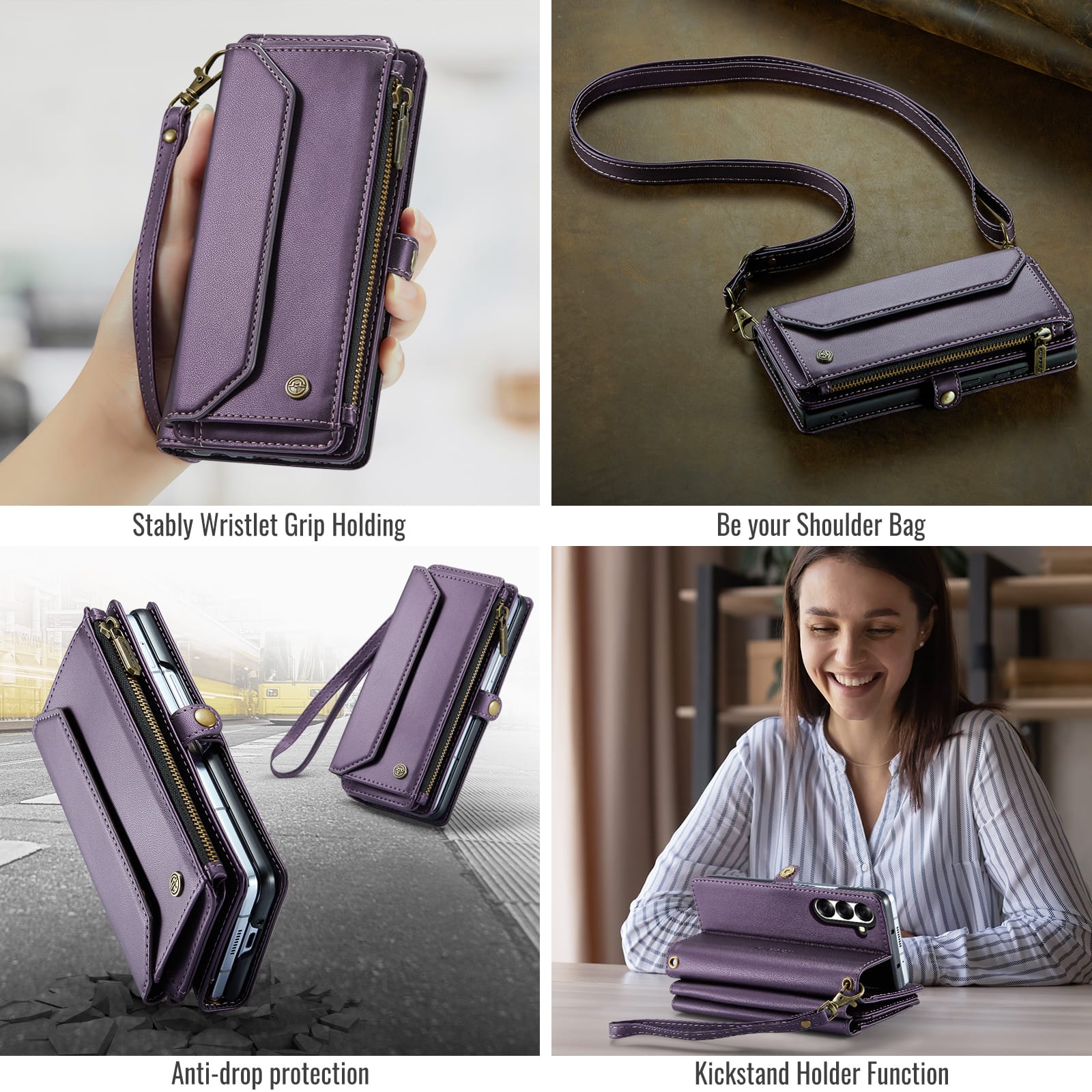 Galaxy Z Fold 7 CaseMe Crossbody Wallet Case with Strap, Card Slots & Zipper Pocket [Purple]