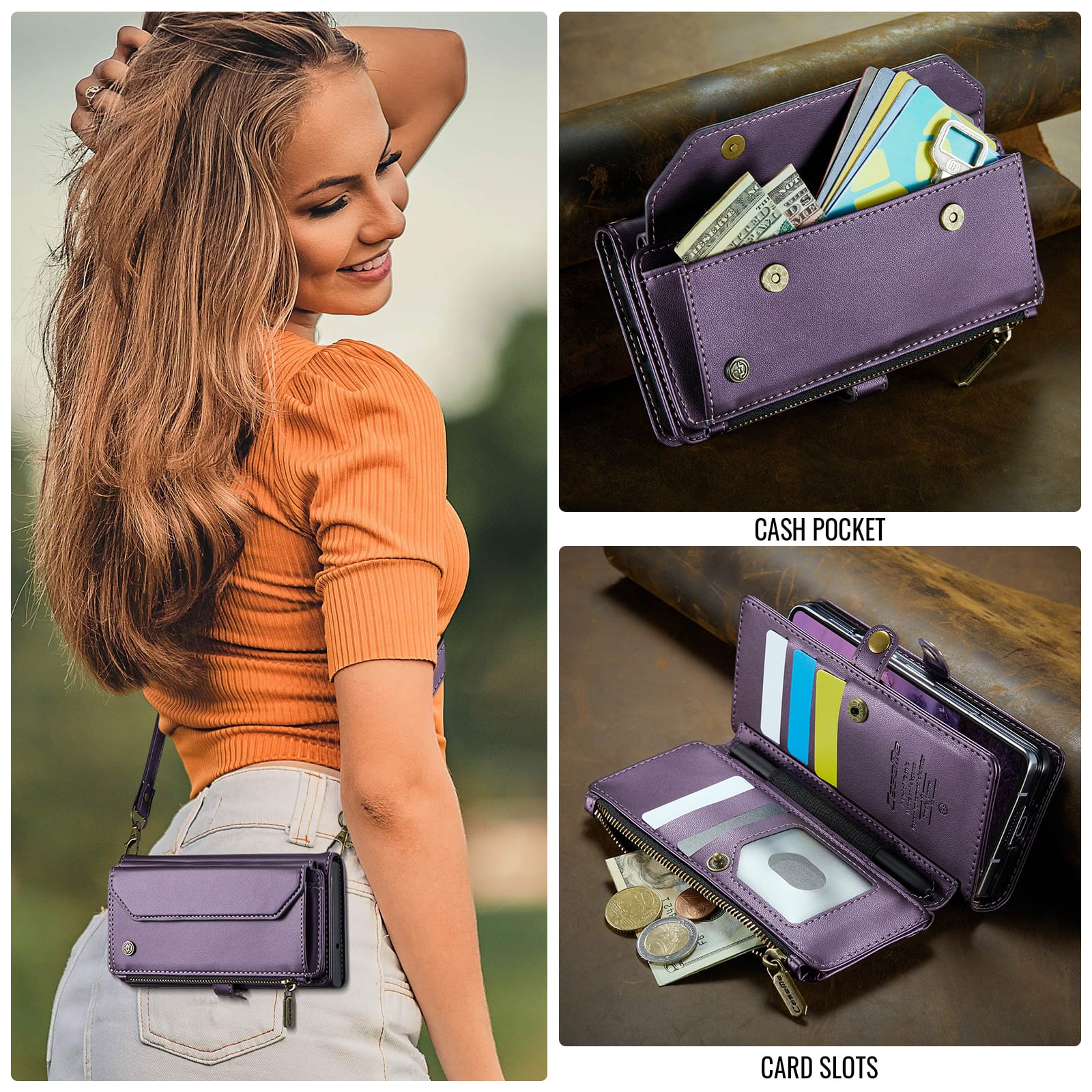 Galaxy Z Fold 7 CaseMe Crossbody Wallet Case with Strap, Card Slots & Zipper Pocket [Purple]