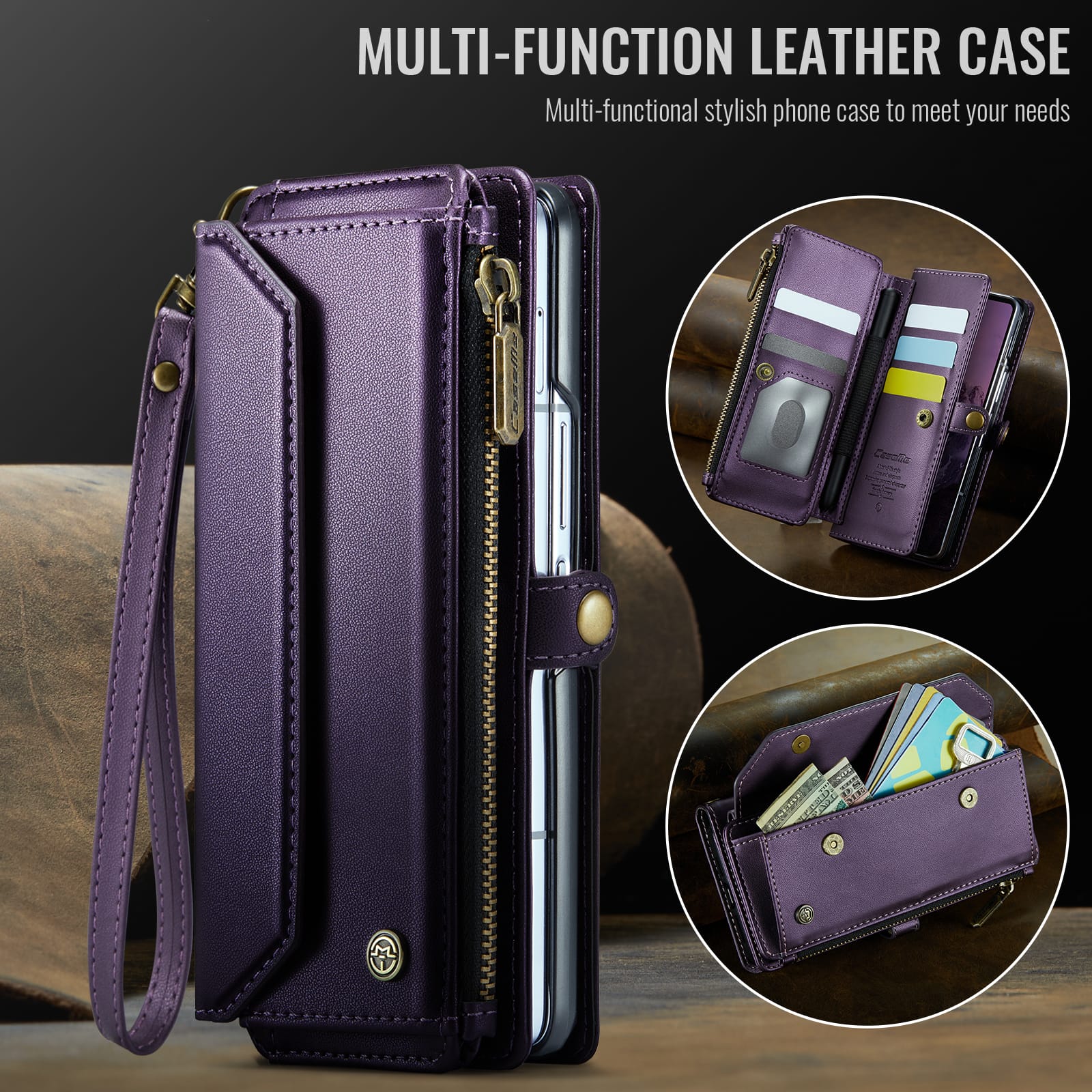 Galaxy Z Fold 7 CaseMe Crossbody Wallet Case with Strap, Card Slots & Zipper Pocket [Purple]
