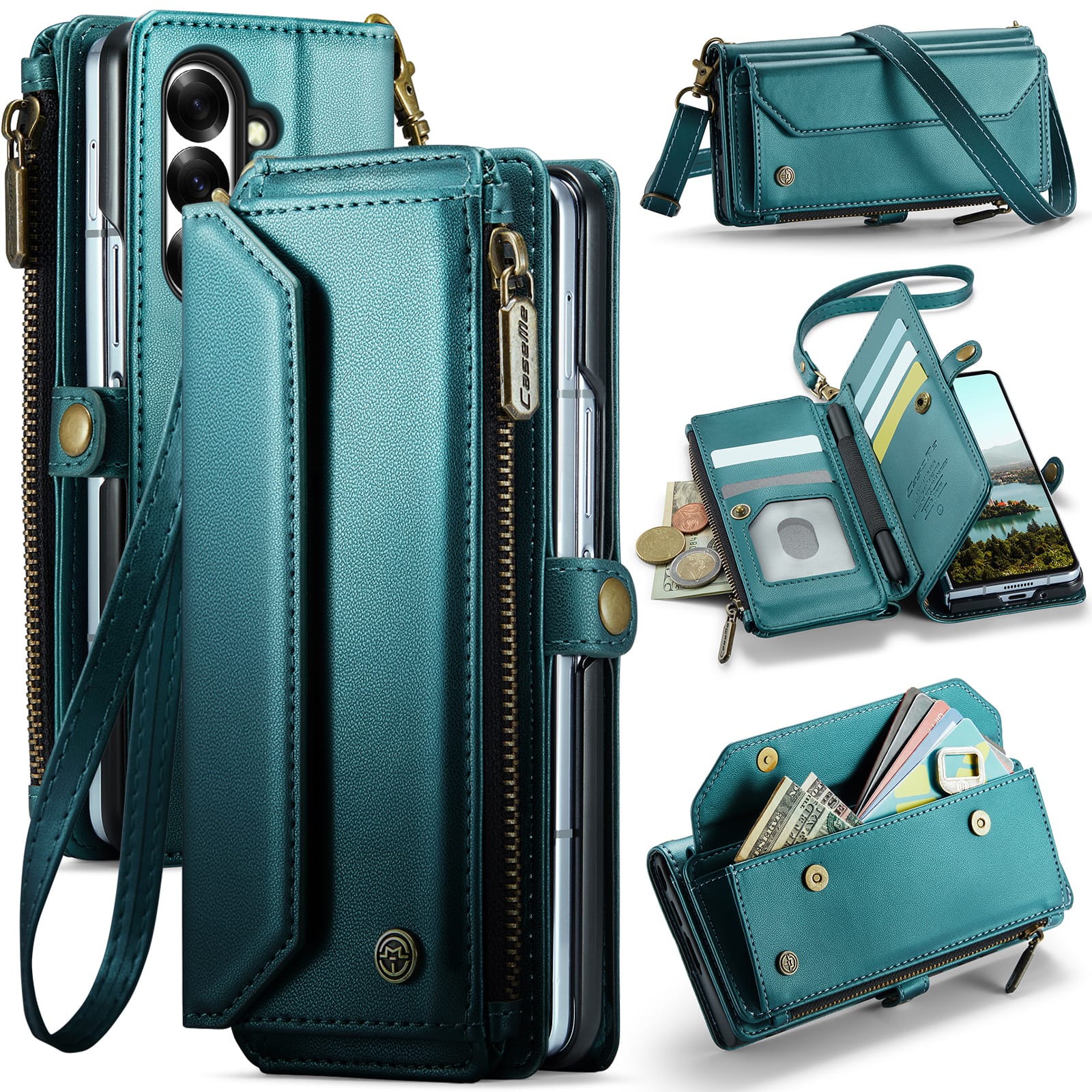 Galaxy Z Fold 7 CaseMe Crossbody Wallet Case with Strap, Card Slots & Zipper Pocket [Teal]
