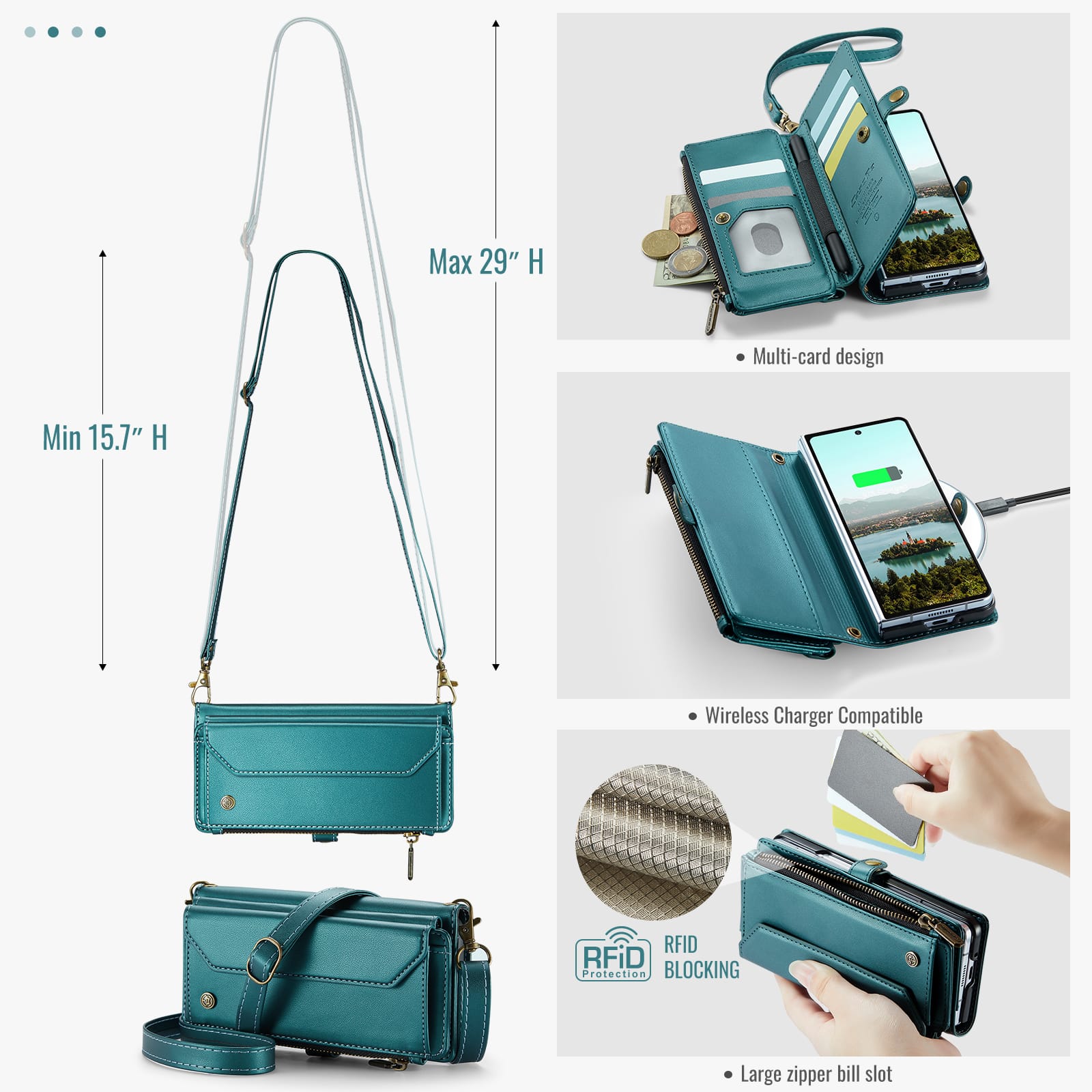 Galaxy Z Fold 7 CaseMe Crossbody Wallet Case with Strap, Card Slots & Zipper Pocket [Teal]