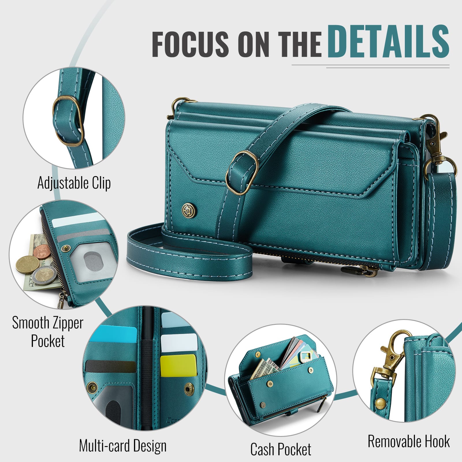 Galaxy Z Fold 7 CaseMe Crossbody Wallet Case with Strap, Card Slots & Zipper Pocket [Teal]