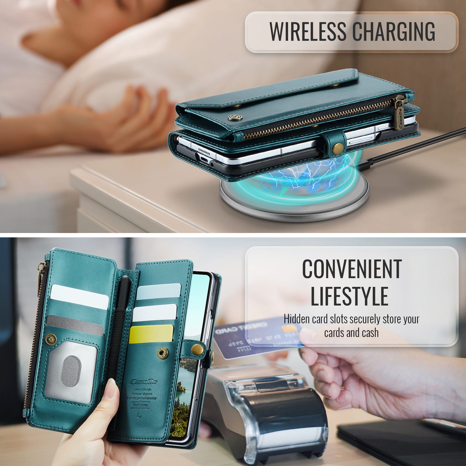 Galaxy Z Fold 7 CaseMe Crossbody Wallet Case with Strap, Card Slots & Zipper Pocket [Teal]