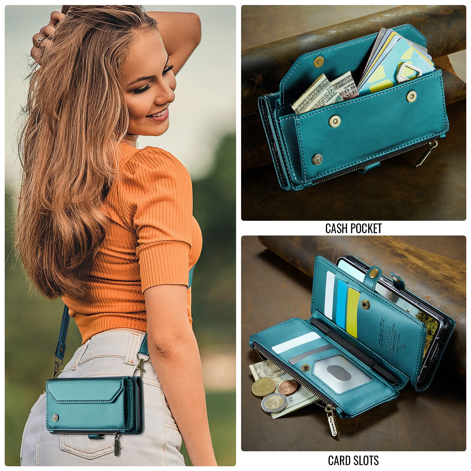 Galaxy Z Fold 7 CaseMe Crossbody Wallet Case with Strap, Card Slots & Zipper Pocket [Teal]