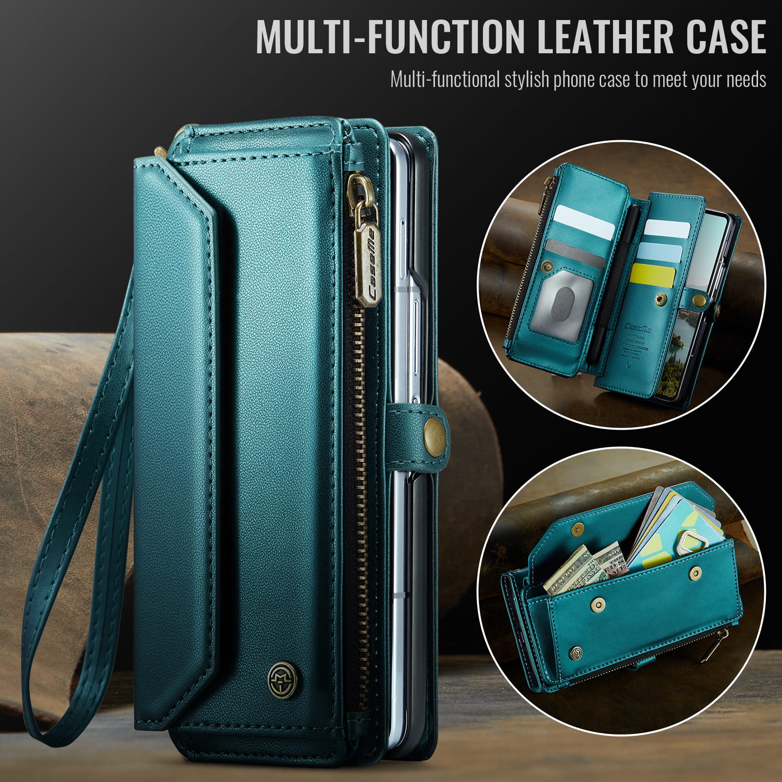 Galaxy Z Fold 7 CaseMe Crossbody Wallet Case with Strap, Card Slots & Zipper Pocket [Teal]