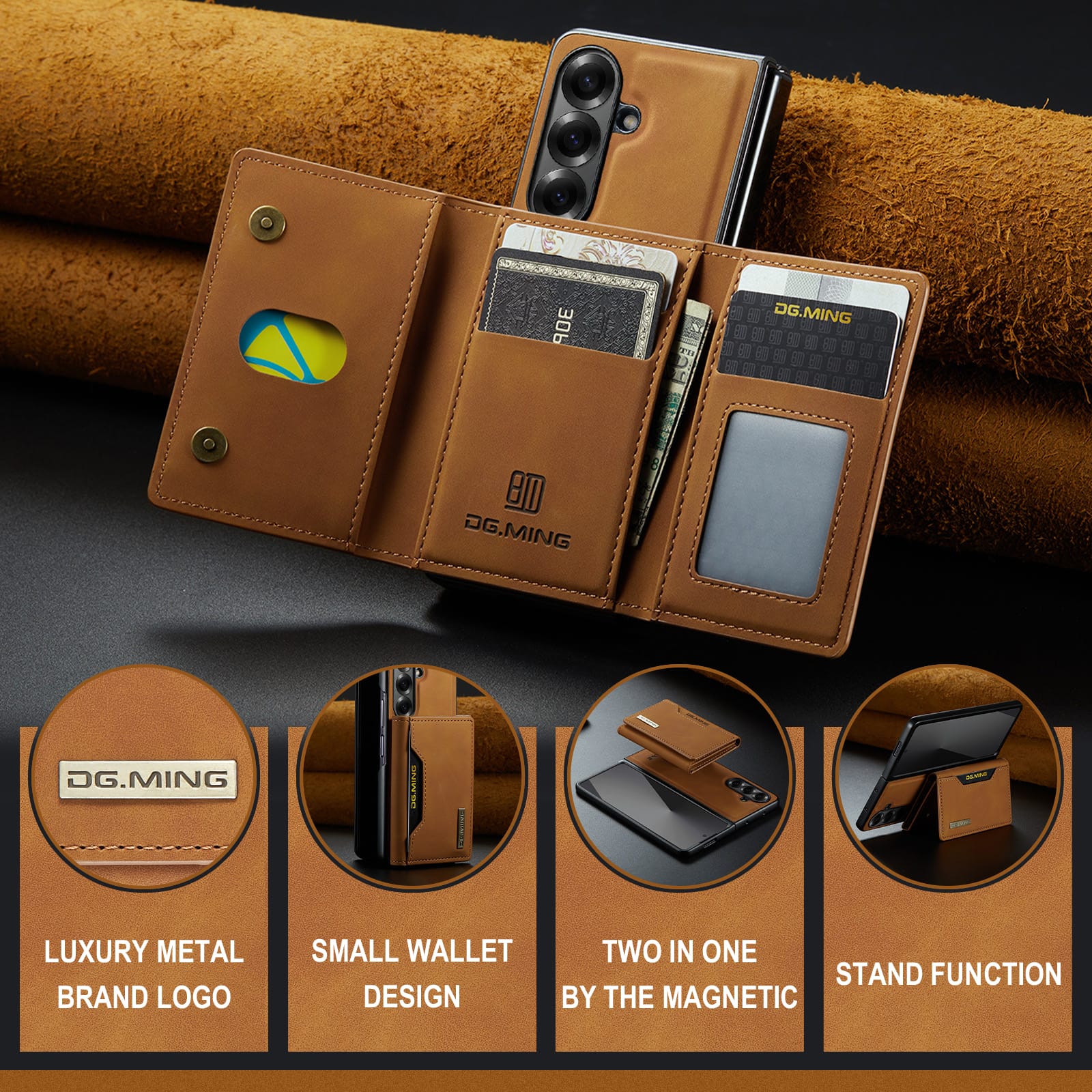 DG.MING Magnetic Business Leather Case for Galaxy Z Fold 7 - with Detachable Wallet [Brown]