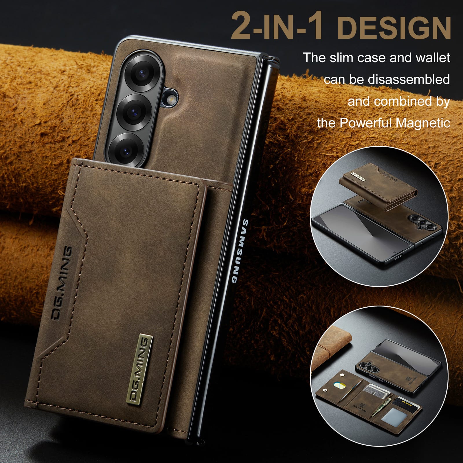 DG.MING Magnetic Business Leather Case for Galaxy Z Fold 7 - with Detachable Wallet [Coffee]