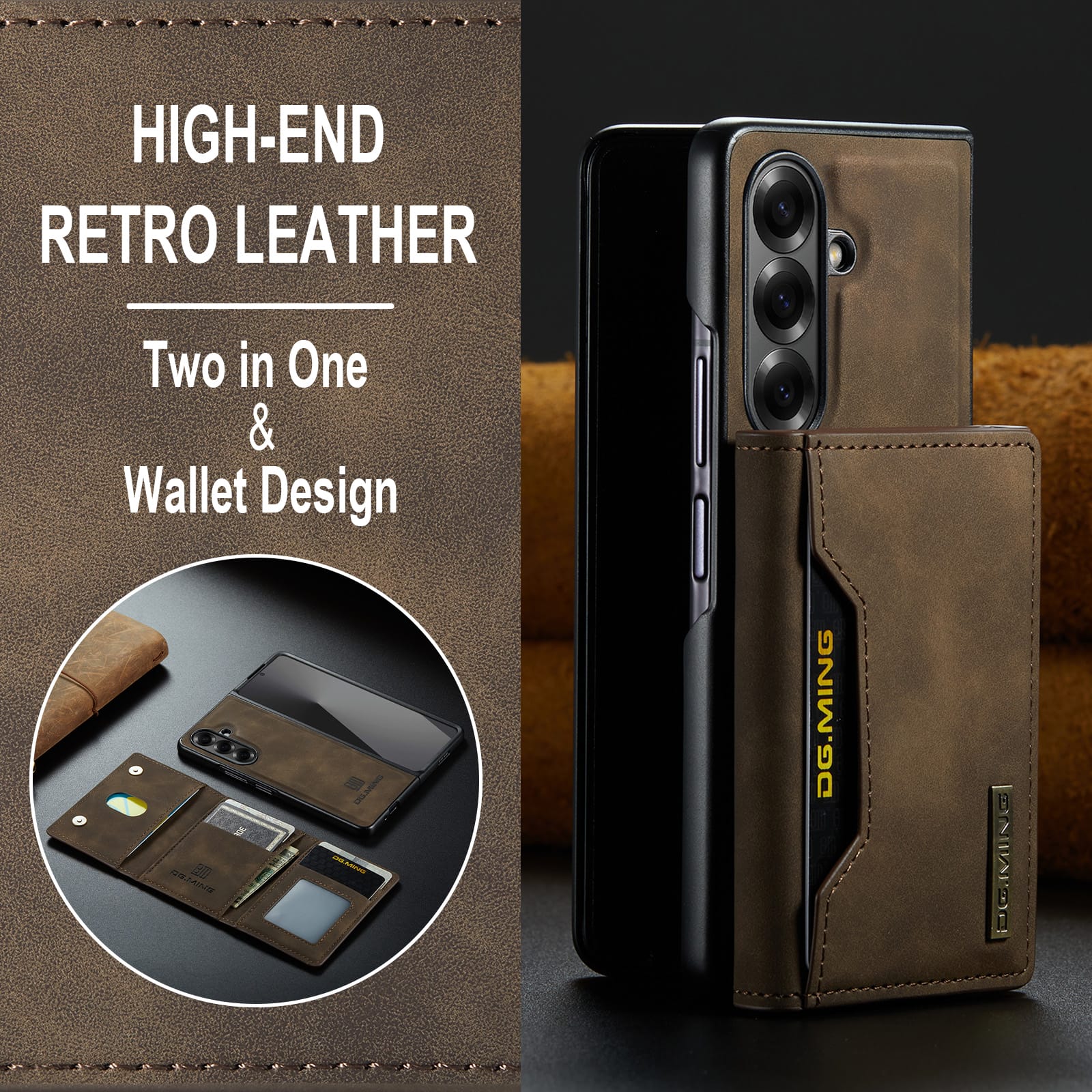 DG.MING Magnetic Business Leather Case for Galaxy Z Fold 7 - with Detachable Wallet [Coffee]