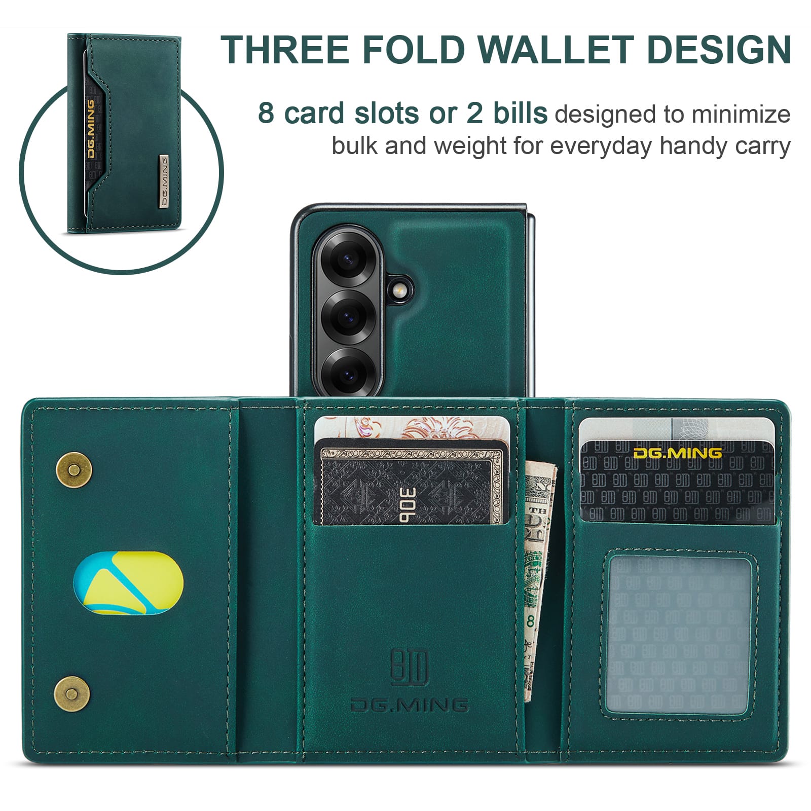 DG.MING Magnetic Business Leather Case for Galaxy Z Fold 7 - with Detachable Wallet [Green]
