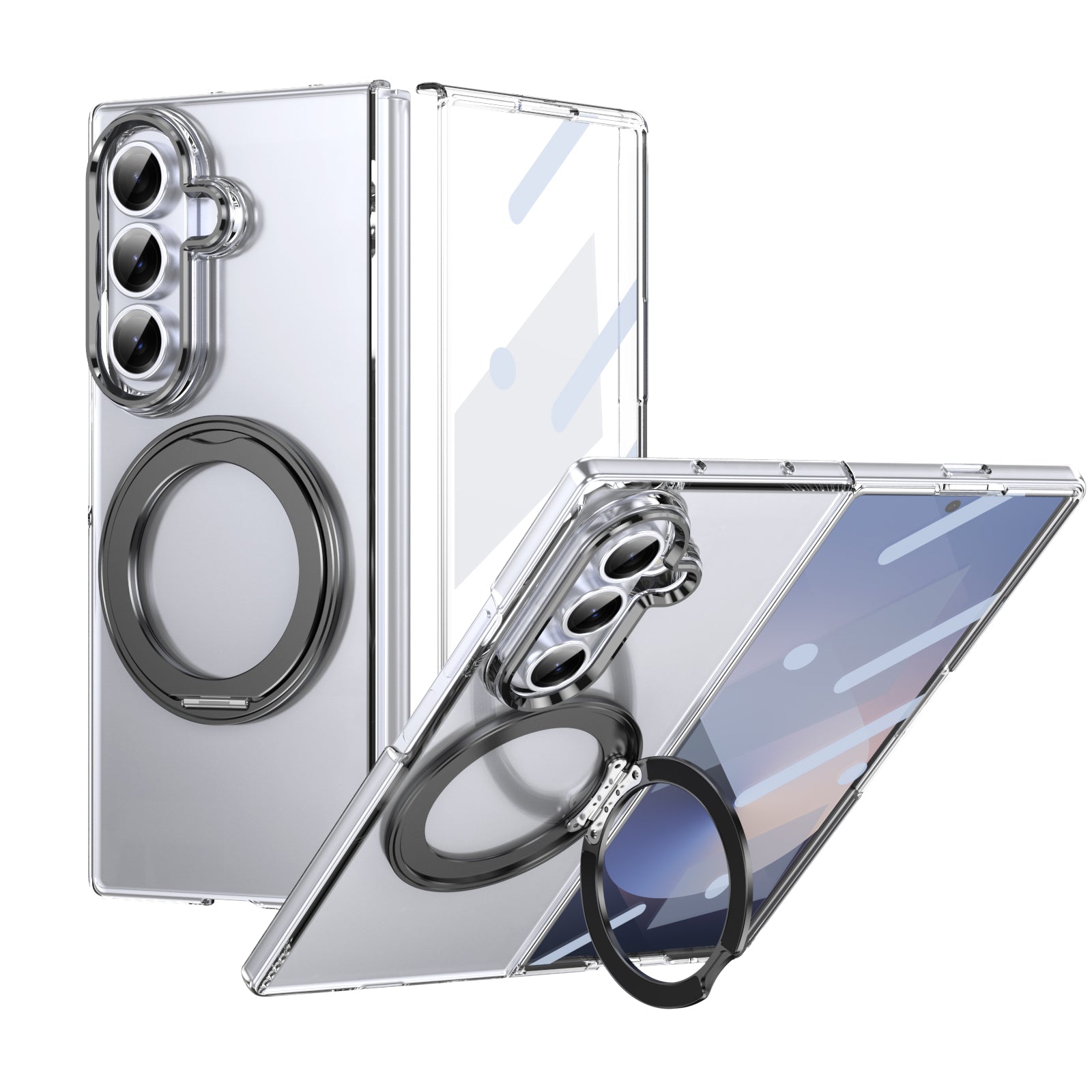 Clear 360°Rotating Magnetic Ring Stand Case for Samsung Galaxy Z Fold 7 with Tempered Glass [Black]