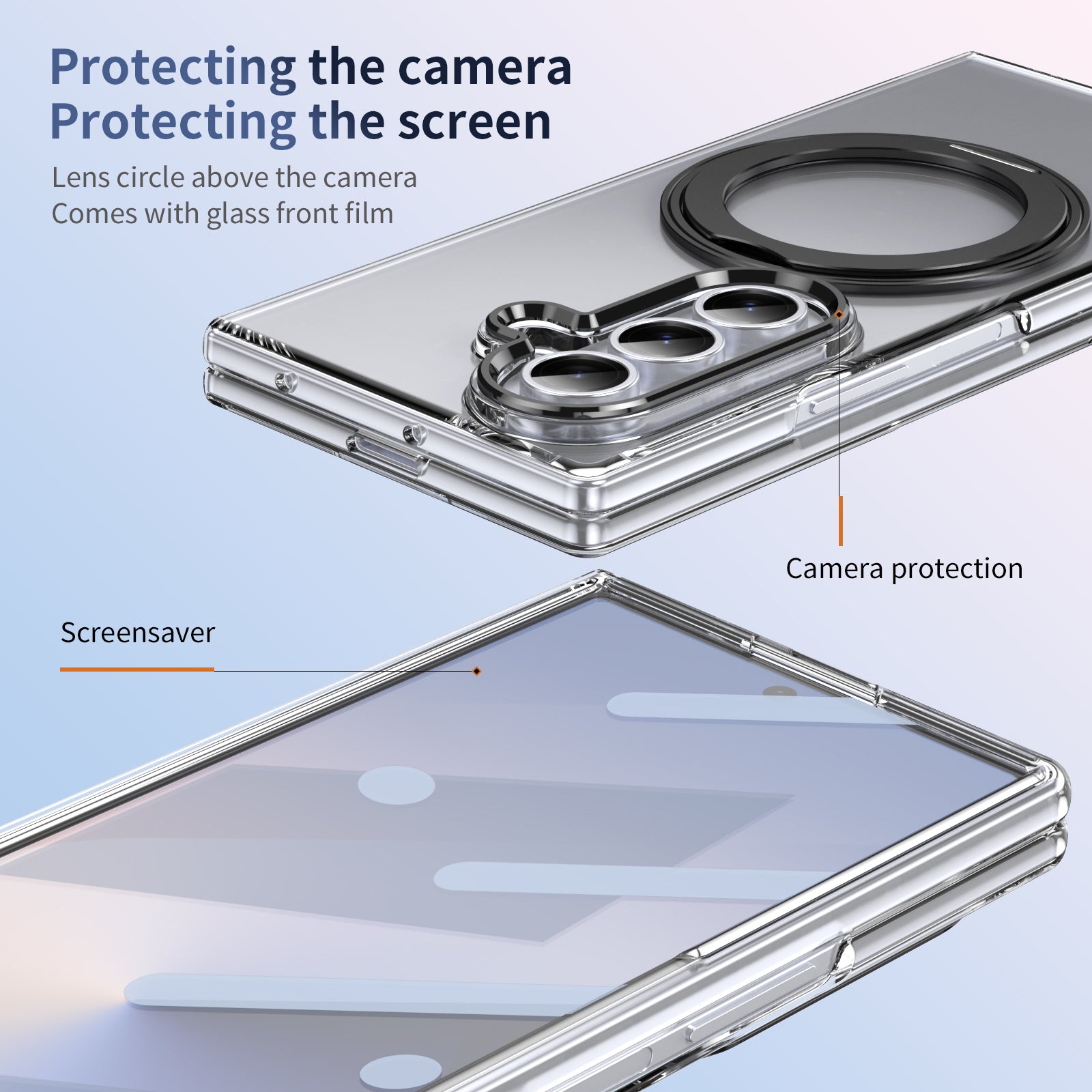 Clear 360°Rotating Magnetic Ring Stand Case for Samsung Galaxy Z Fold 7 with Tempered Glass [Black]