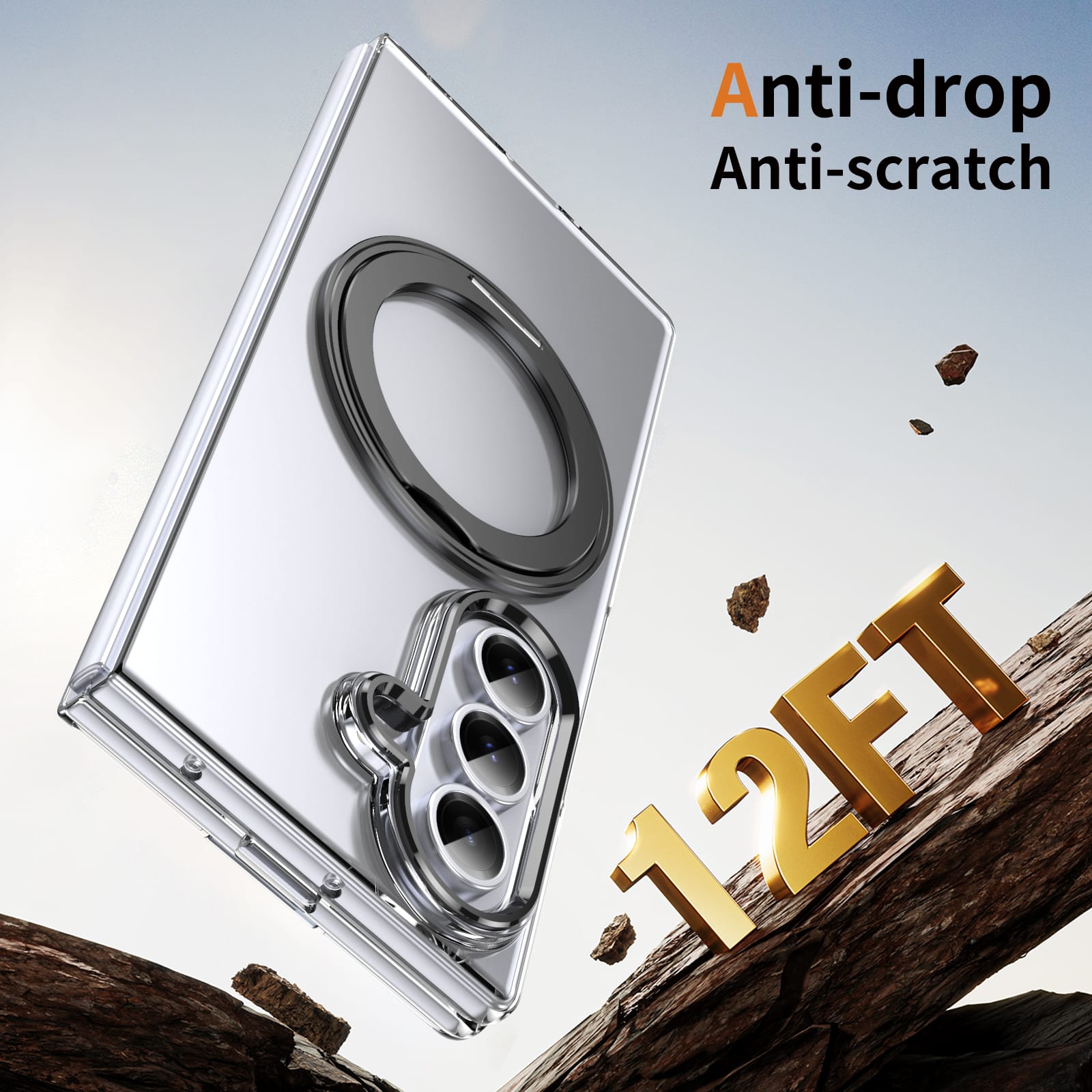 Clear 360°Rotating Magnetic Ring Stand Case for Samsung Galaxy Z Fold 7 with Tempered Glass [Black]