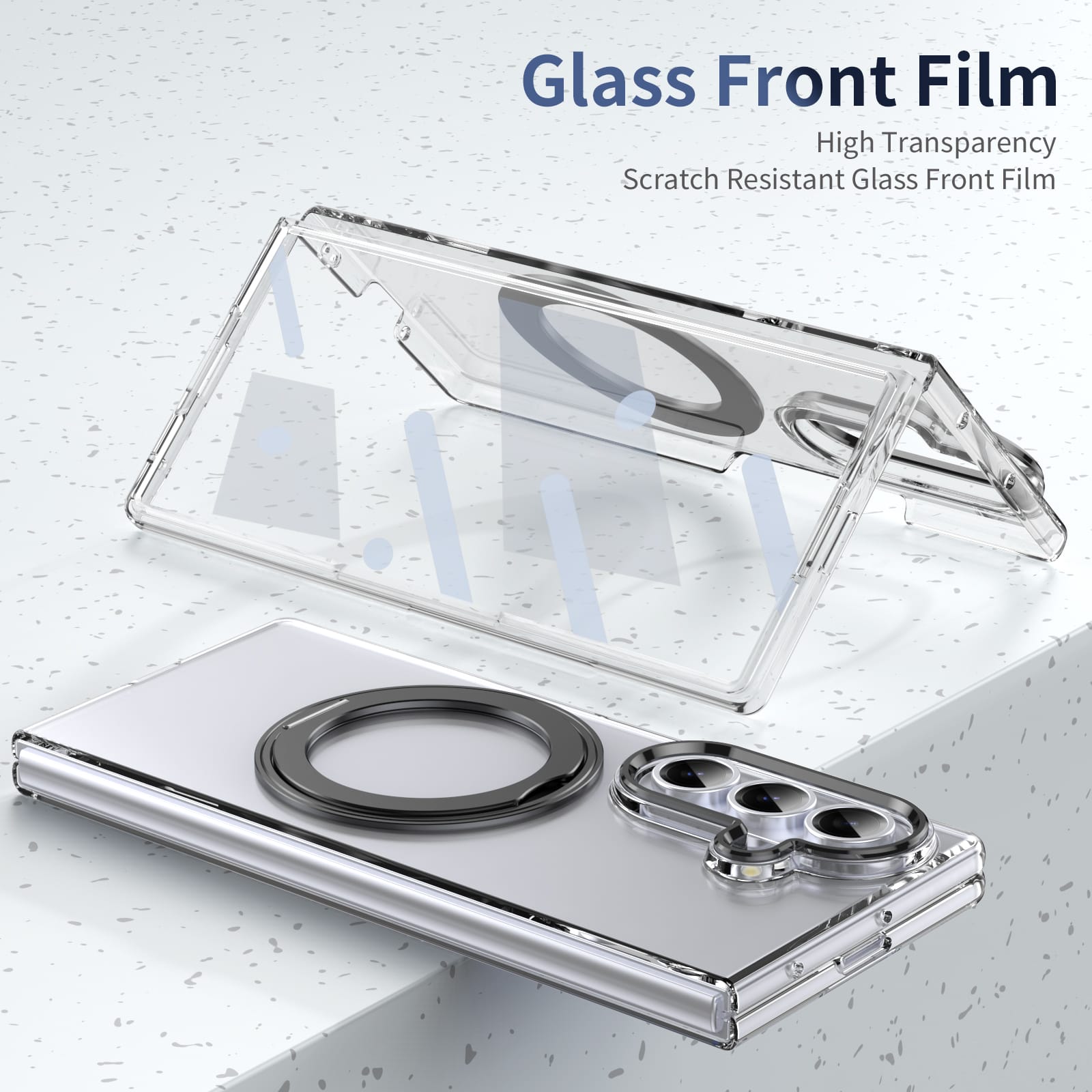 Clear 360°Rotating Magnetic Ring Stand Case for Samsung Galaxy Z Fold 7 with Tempered Glass [Black]