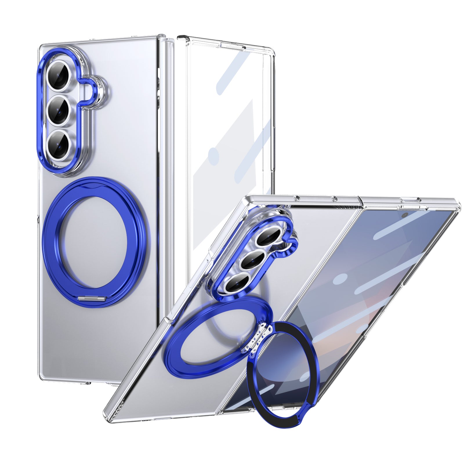 Clear 360°Rotating Magnetic Ring Stand Case for Samsung Galaxy Z Fold 7 with Tempered Glass [Blue]