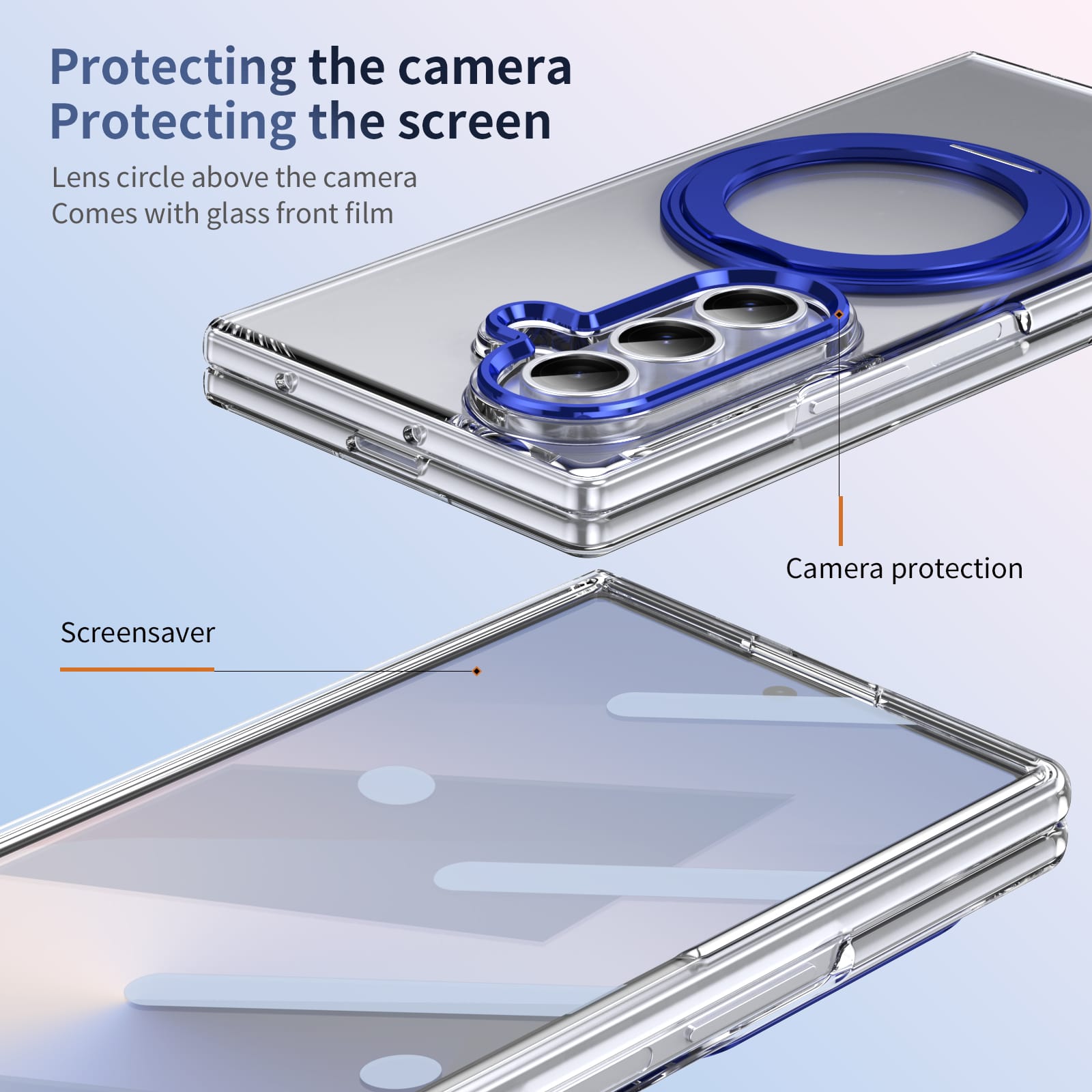Clear 360°Rotating Magnetic Ring Stand Case for Samsung Galaxy Z Fold 7 with Tempered Glass [Blue]