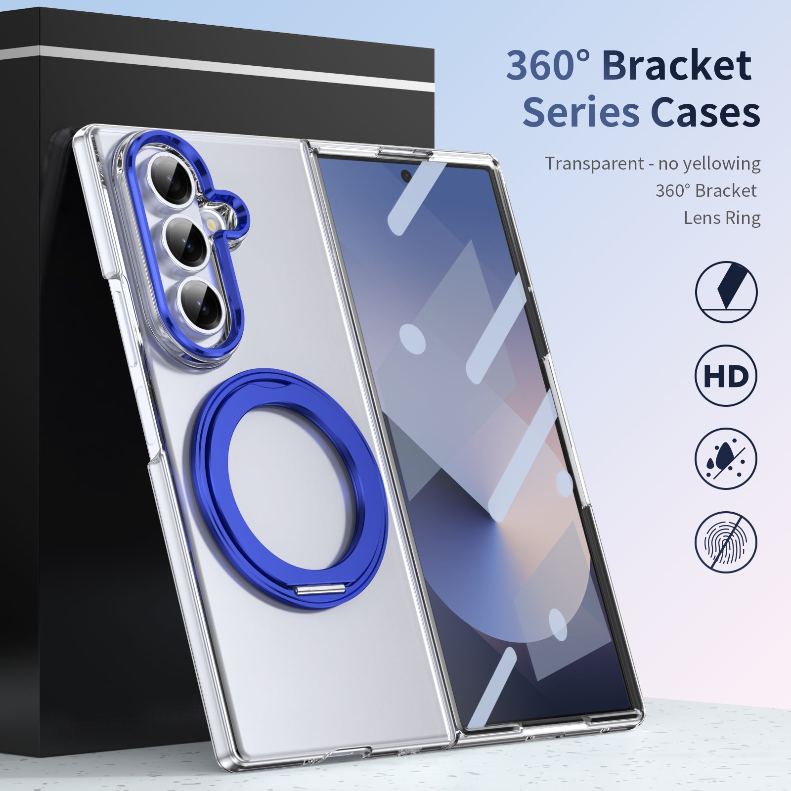 Clear 360°Rotating Magnetic Ring Stand Case for Samsung Galaxy Z Fold 7 with Tempered Glass [Blue]