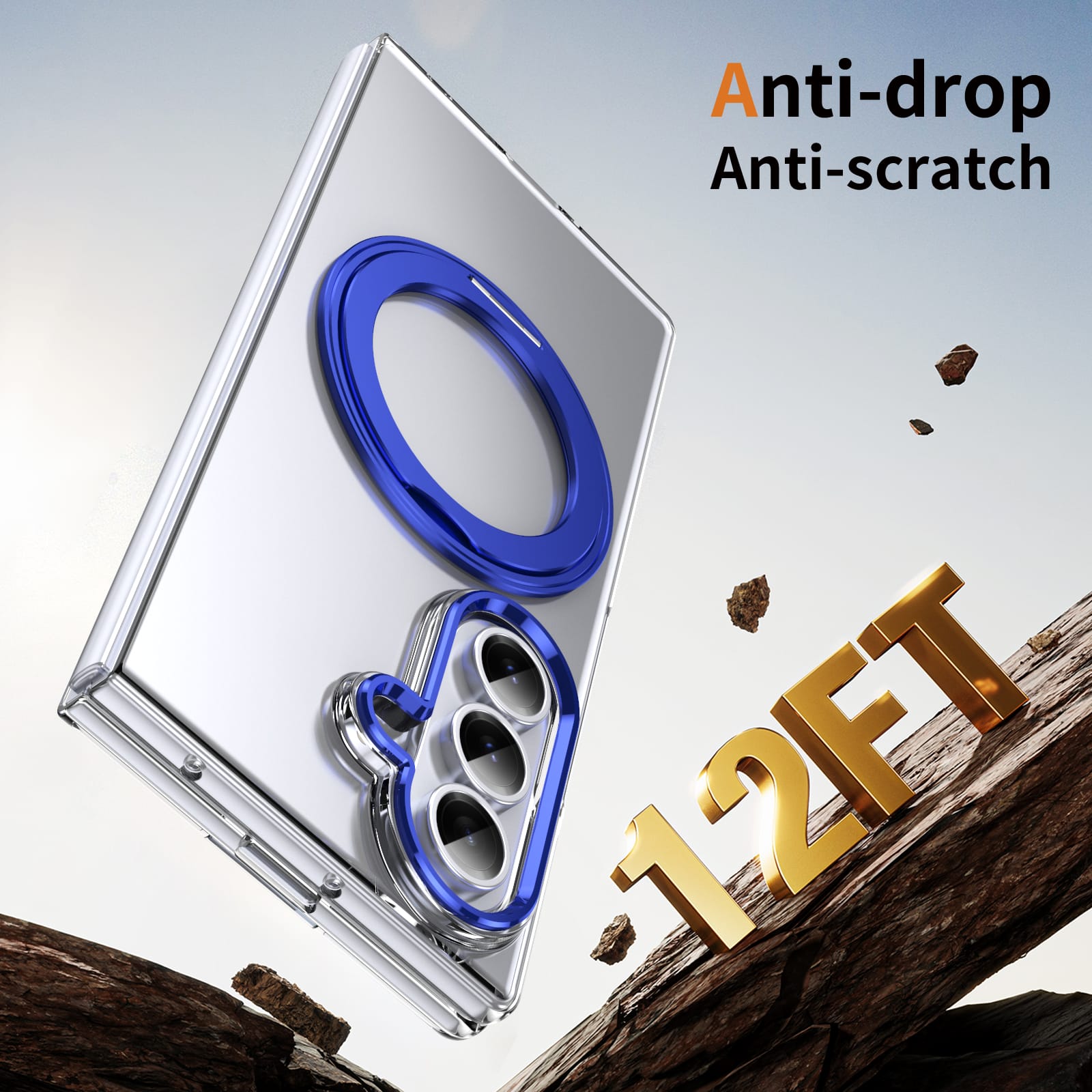 Clear 360°Rotating Magnetic Ring Stand Case for Samsung Galaxy Z Fold 7 with Tempered Glass [Blue]
