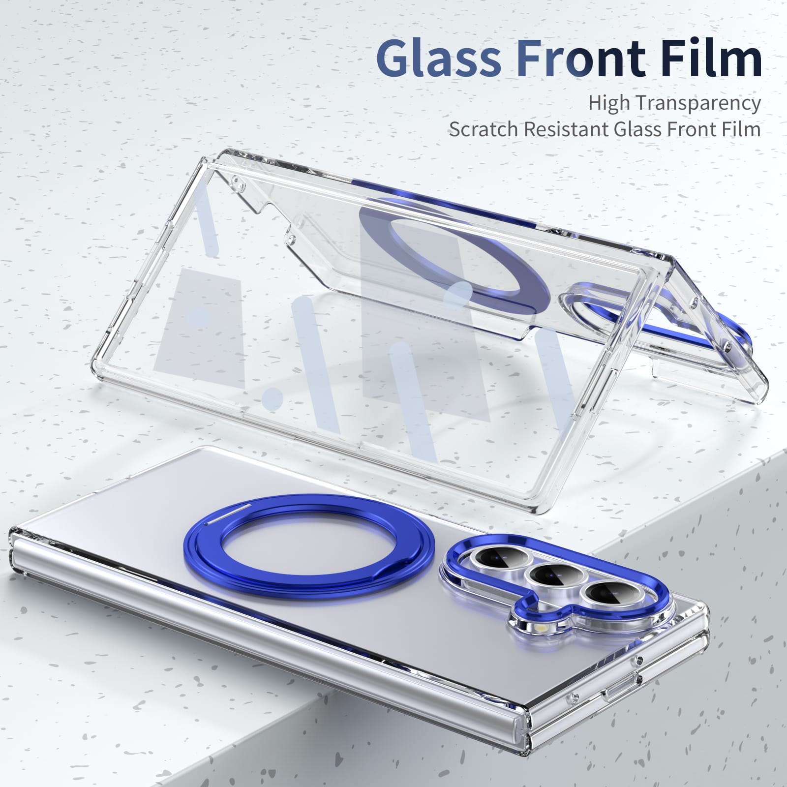 Clear 360°Rotating Magnetic Ring Stand Case for Samsung Galaxy Z Fold 7 with Tempered Glass [Blue]