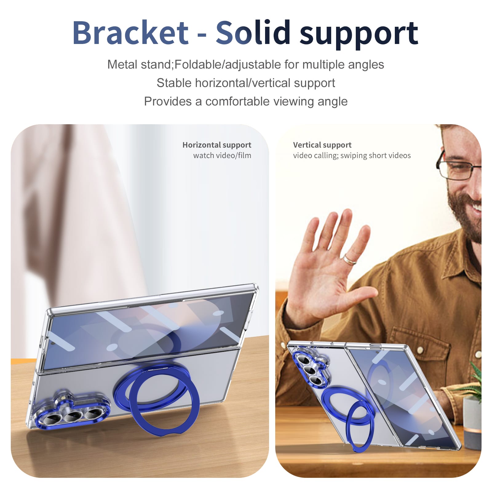Clear 360°Rotating Magnetic Ring Stand Case for Samsung Galaxy Z Fold 7 with Tempered Glass [Blue]