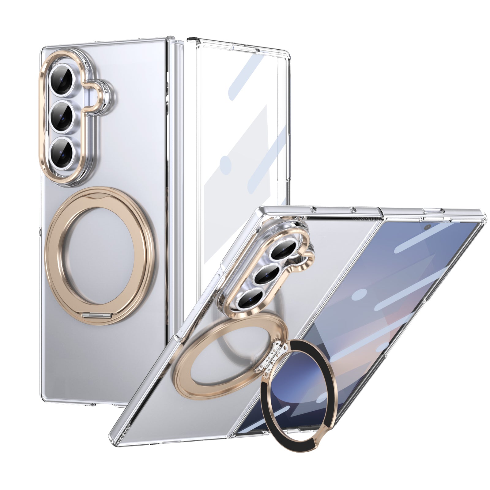 Clear 360°Rotating Magnetic Ring Stand Case for Samsung Galaxy Z Fold 7 with Tempered Glass [Gold]