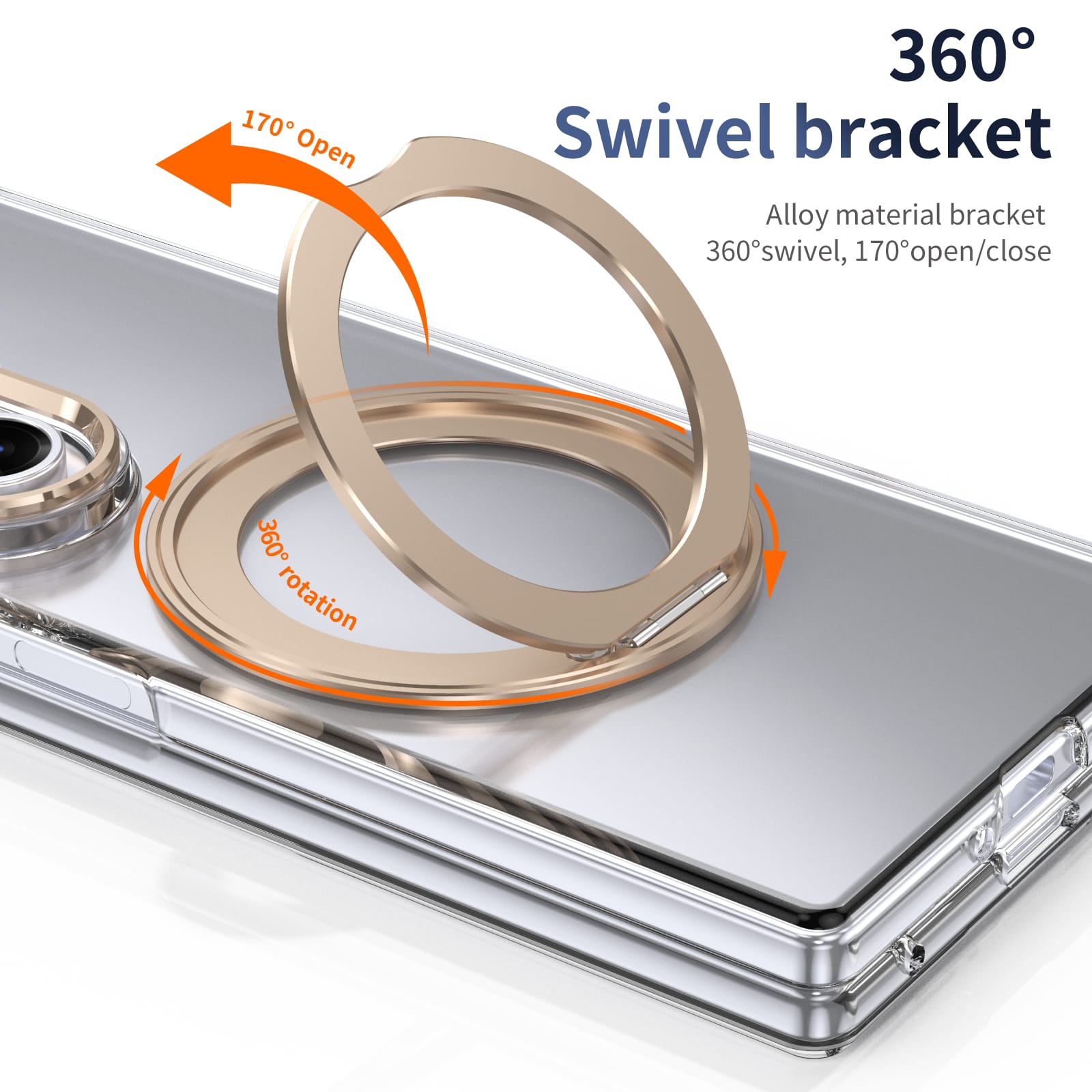 Clear 360°Rotating Magnetic Ring Stand Case for Samsung Galaxy Z Fold 7 with Tempered Glass [Gold]