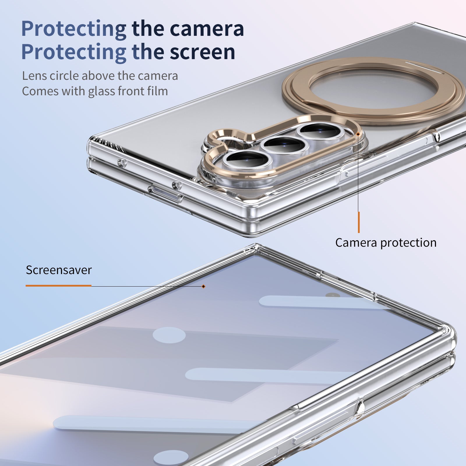 Clear 360°Rotating Magnetic Ring Stand Case for Samsung Galaxy Z Fold 7 with Tempered Glass [Gold]