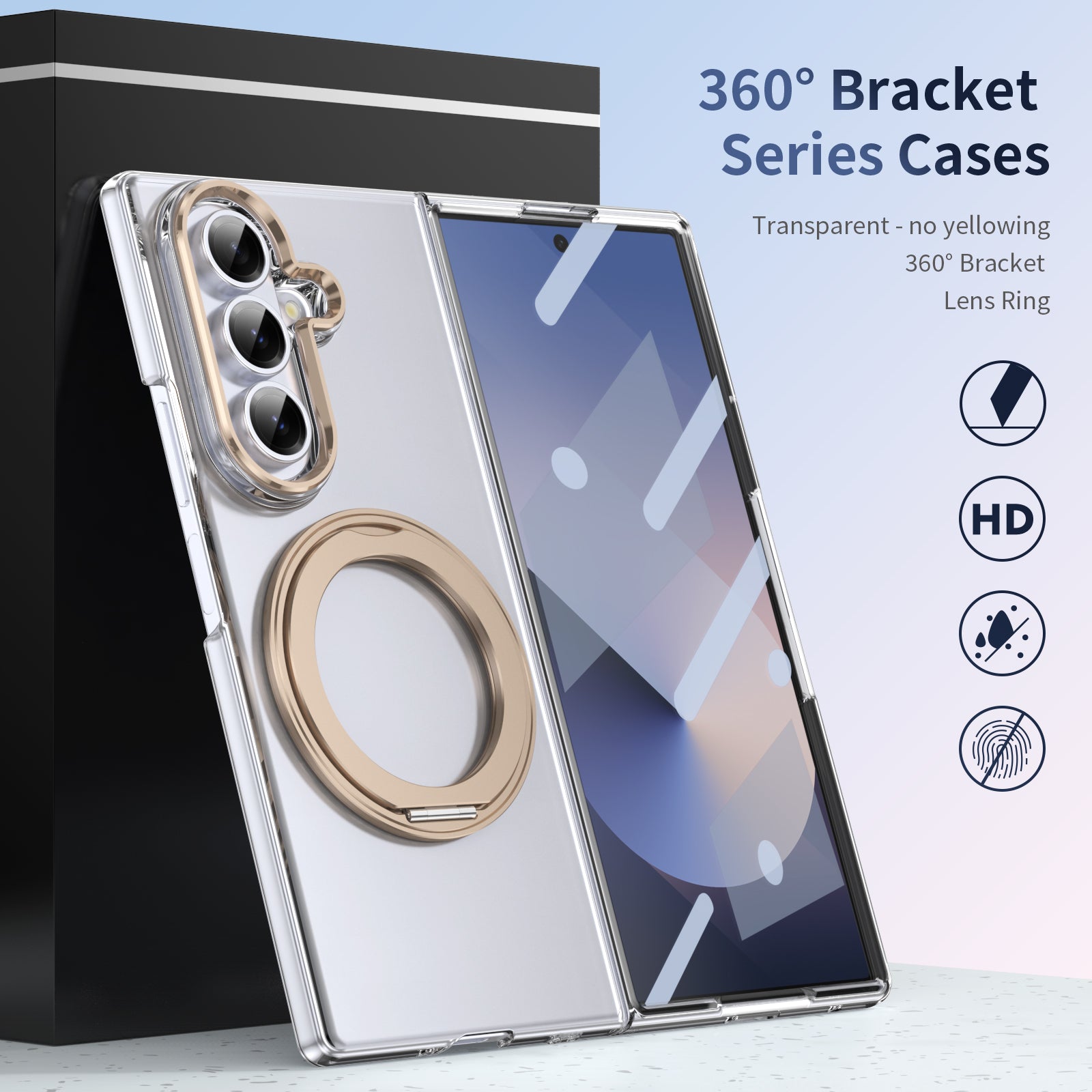 Clear 360°Rotating Magnetic Ring Stand Case for Samsung Galaxy Z Fold 7 with Tempered Glass [Gold]