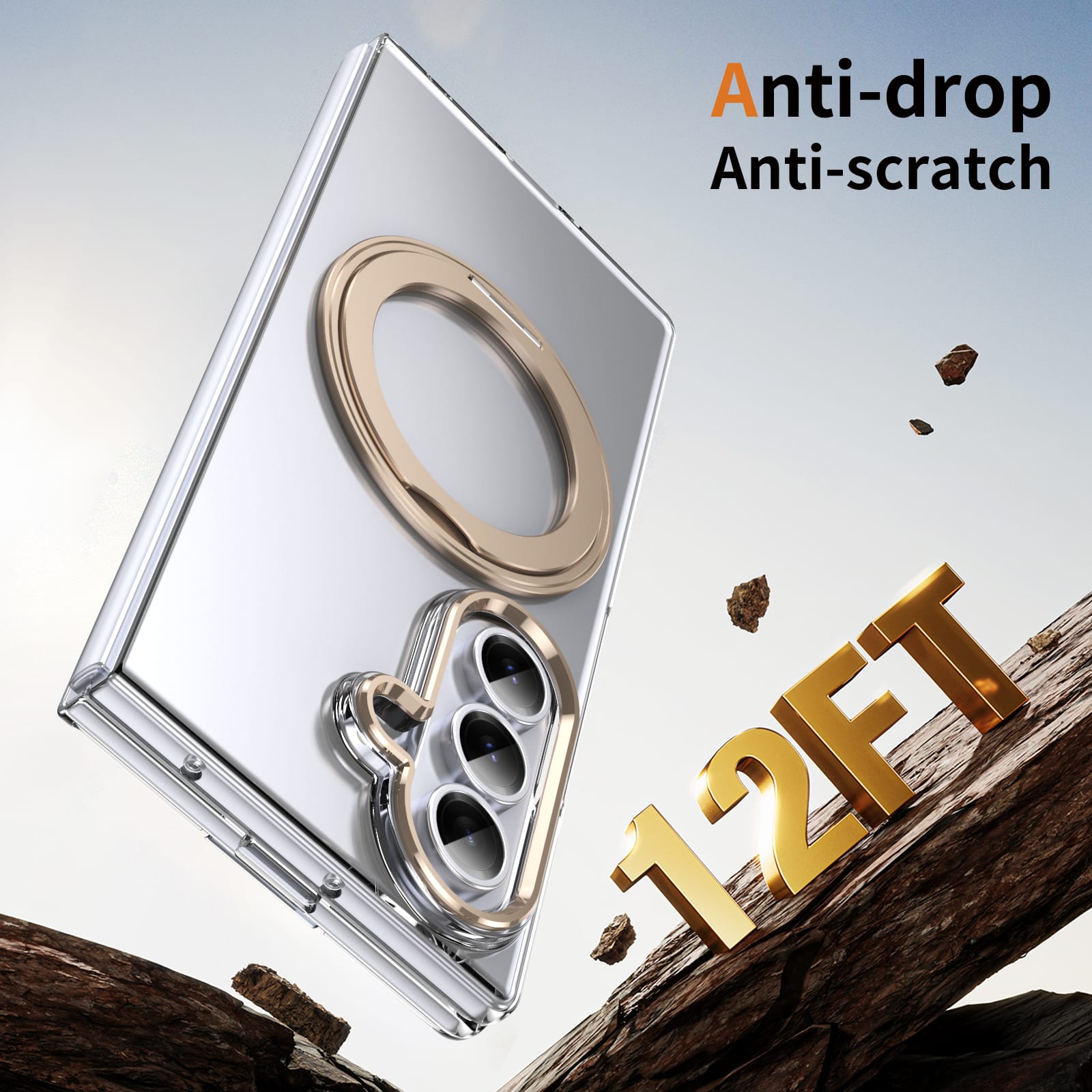 Clear 360°Rotating Magnetic Ring Stand Case for Samsung Galaxy Z Fold 7 with Tempered Glass [Gold]