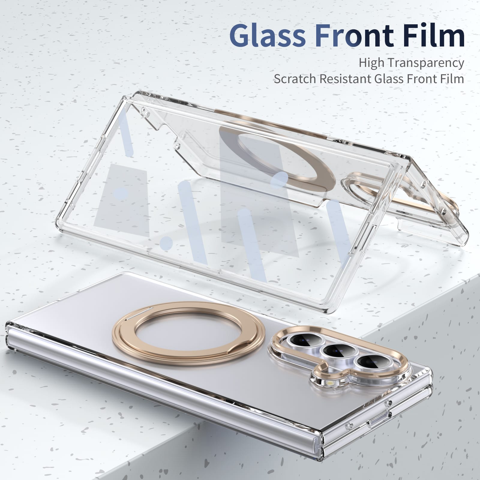 Clear 360°Rotating Magnetic Ring Stand Case for Samsung Galaxy Z Fold 7 with Tempered Glass [Gold]