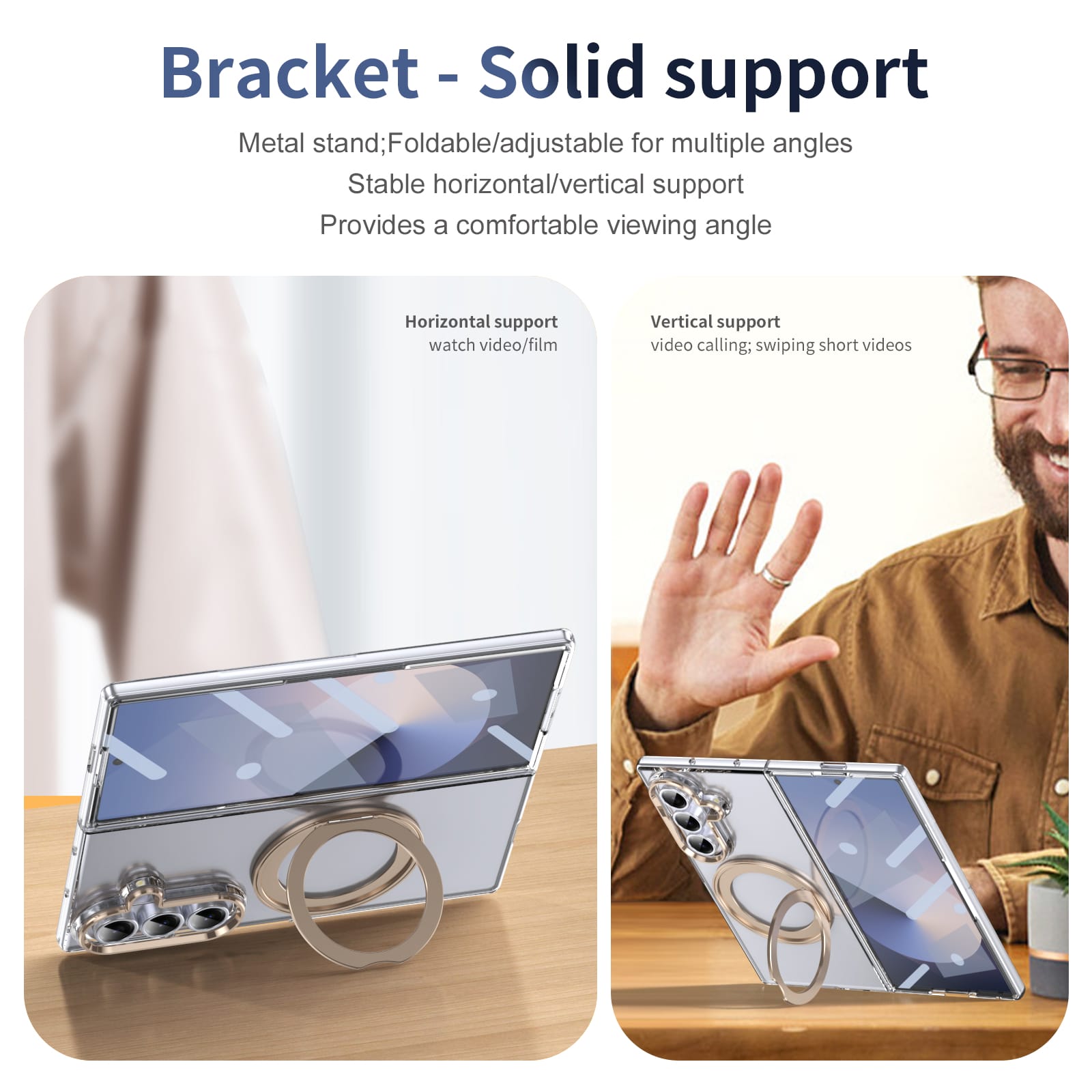 Clear 360°Rotating Magnetic Ring Stand Case for Samsung Galaxy Z Fold 7 with Tempered Glass [Gold]