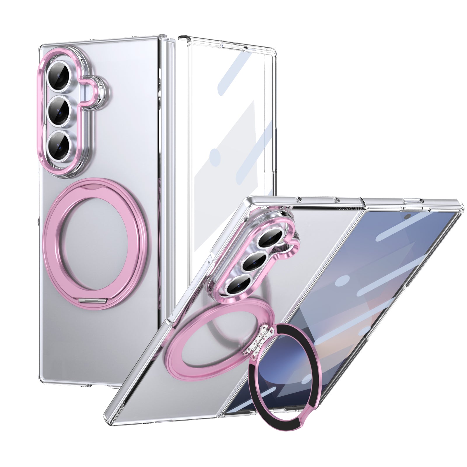 Clear 360°Rotating Magnetic Ring Stand Case for Samsung Galaxy Z Fold 7 with Tempered Glass [Pink]