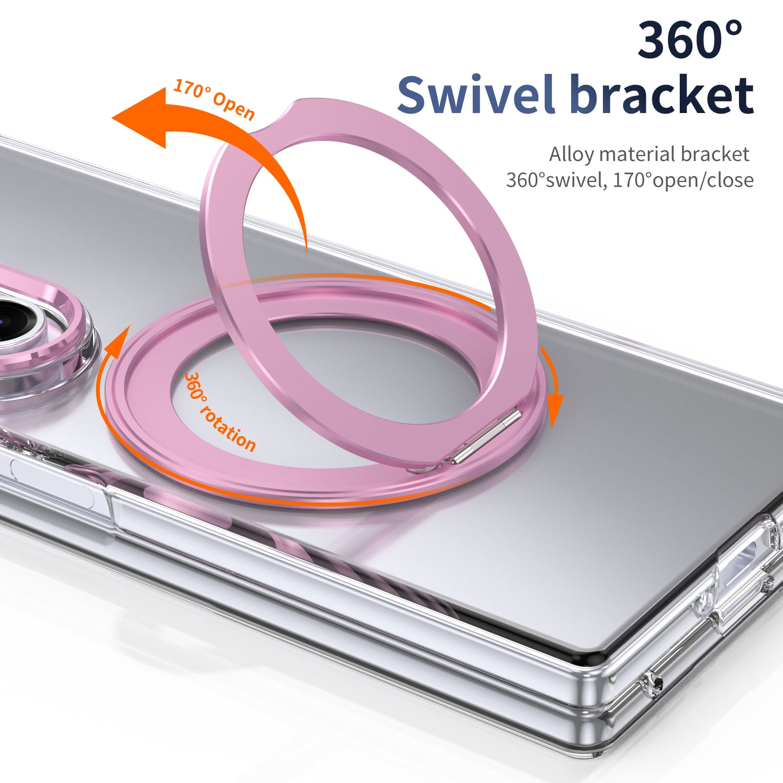 Clear 360°Rotating Magnetic Ring Stand Case for Samsung Galaxy Z Fold 7 with Tempered Glass [Pink]