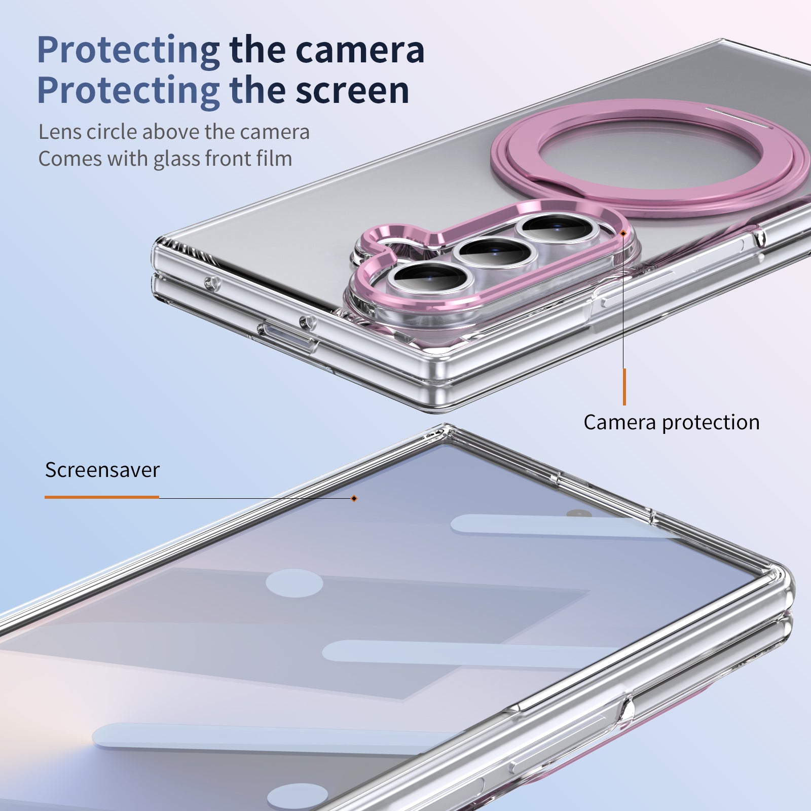 Clear 360°Rotating Magnetic Ring Stand Case for Samsung Galaxy Z Fold 7 with Tempered Glass [Pink]