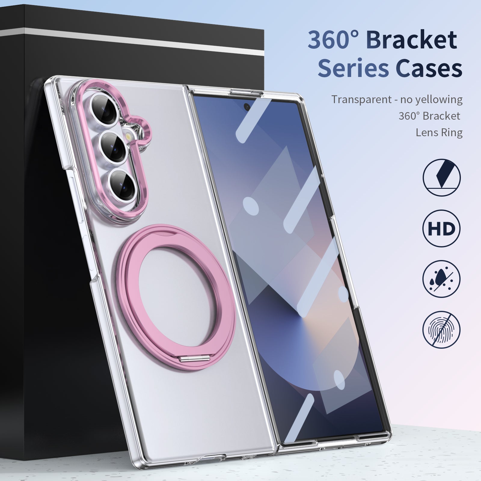 Clear 360°Rotating Magnetic Ring Stand Case for Samsung Galaxy Z Fold 7 with Tempered Glass [Pink]
