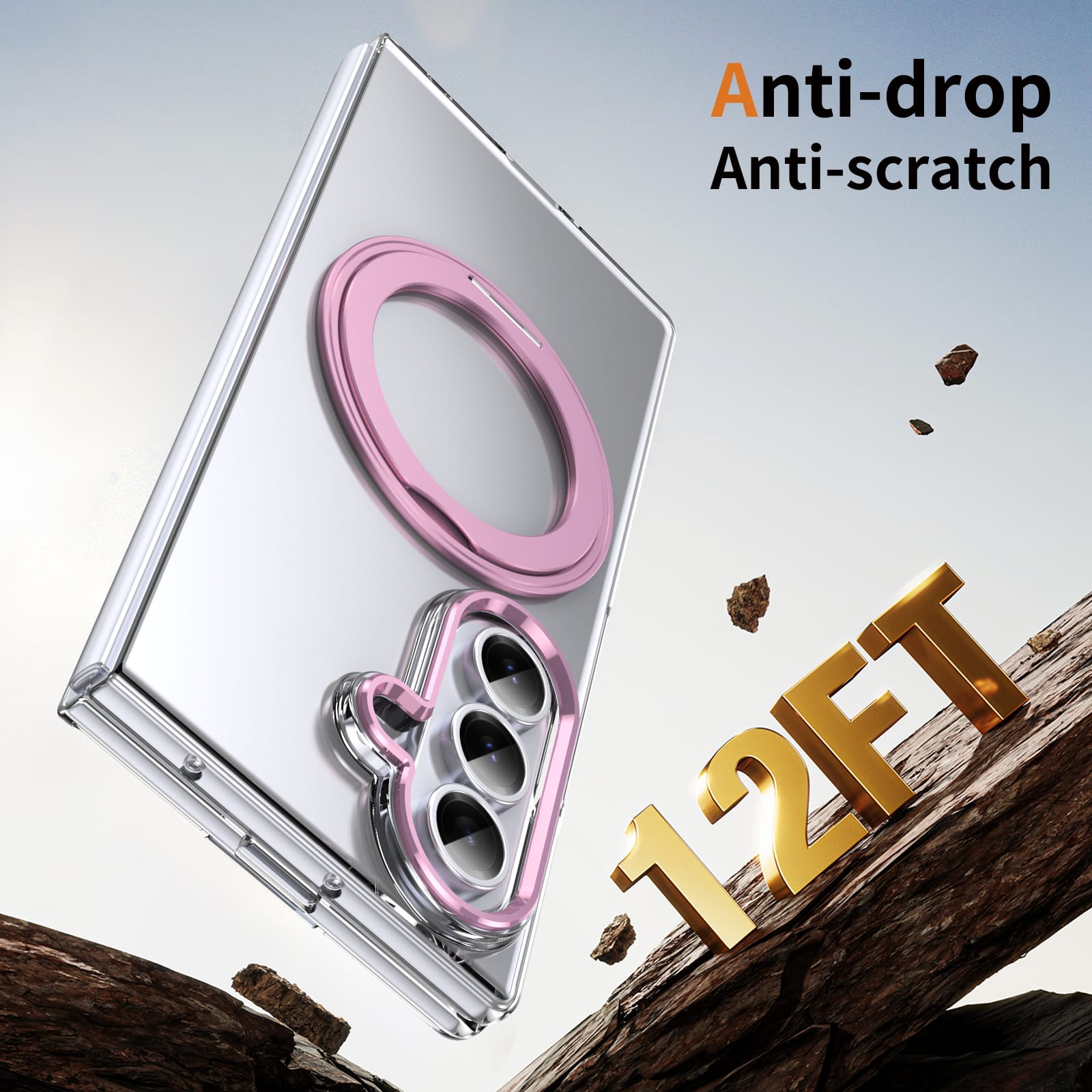 Clear 360°Rotating Magnetic Ring Stand Case for Samsung Galaxy Z Fold 7 with Tempered Glass [Pink]