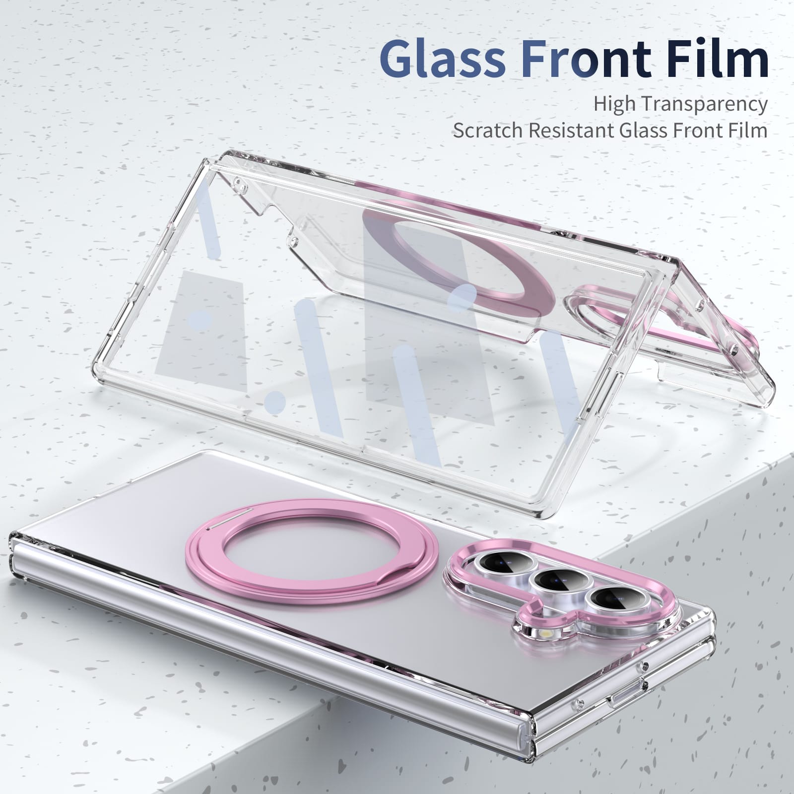 Clear 360°Rotating Magnetic Ring Stand Case for Samsung Galaxy Z Fold 7 with Tempered Glass [Pink]