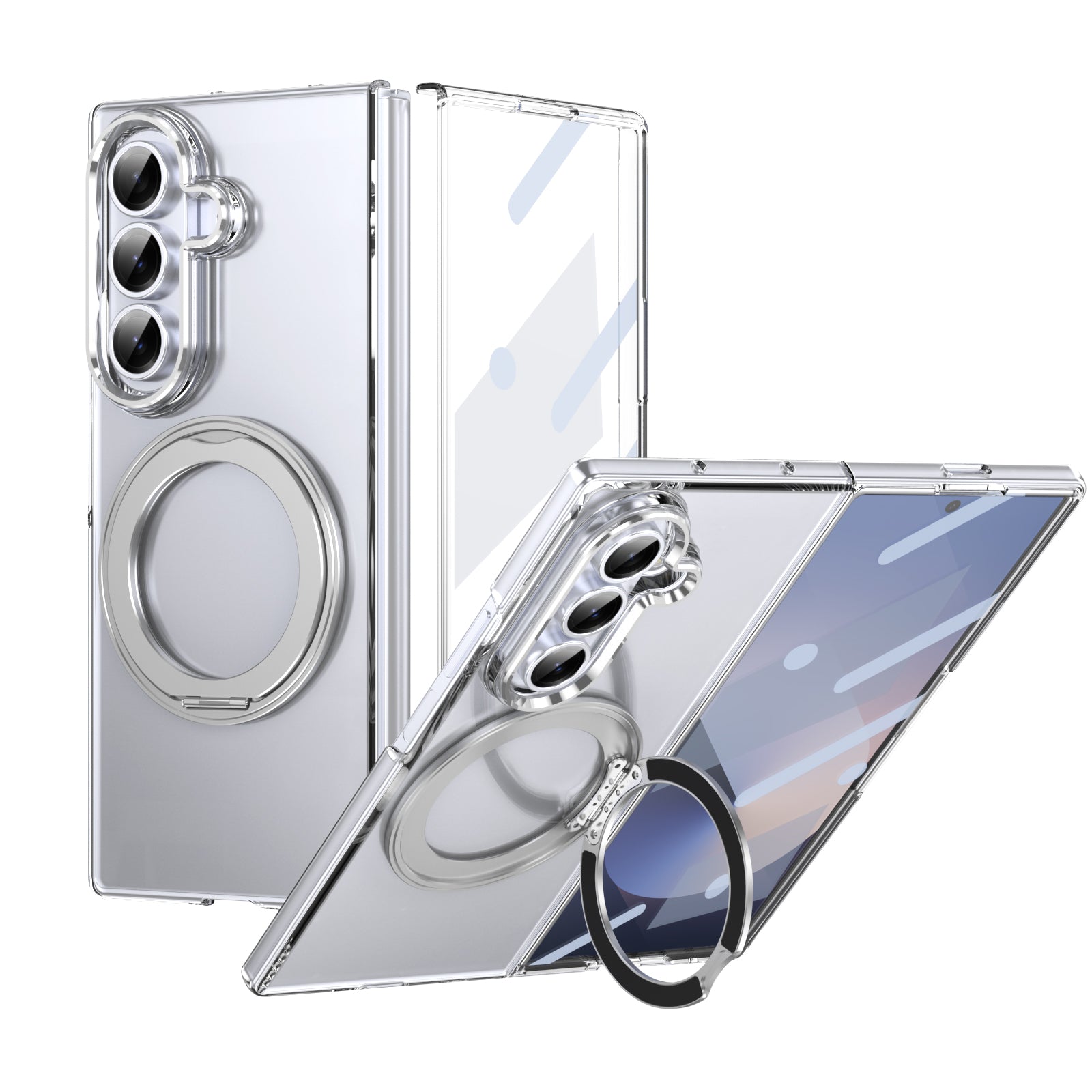Clear 360°Rotating Magnetic Ring Stand Case for Samsung Galaxy Z Fold 7 with Tempered Glass[Silver]