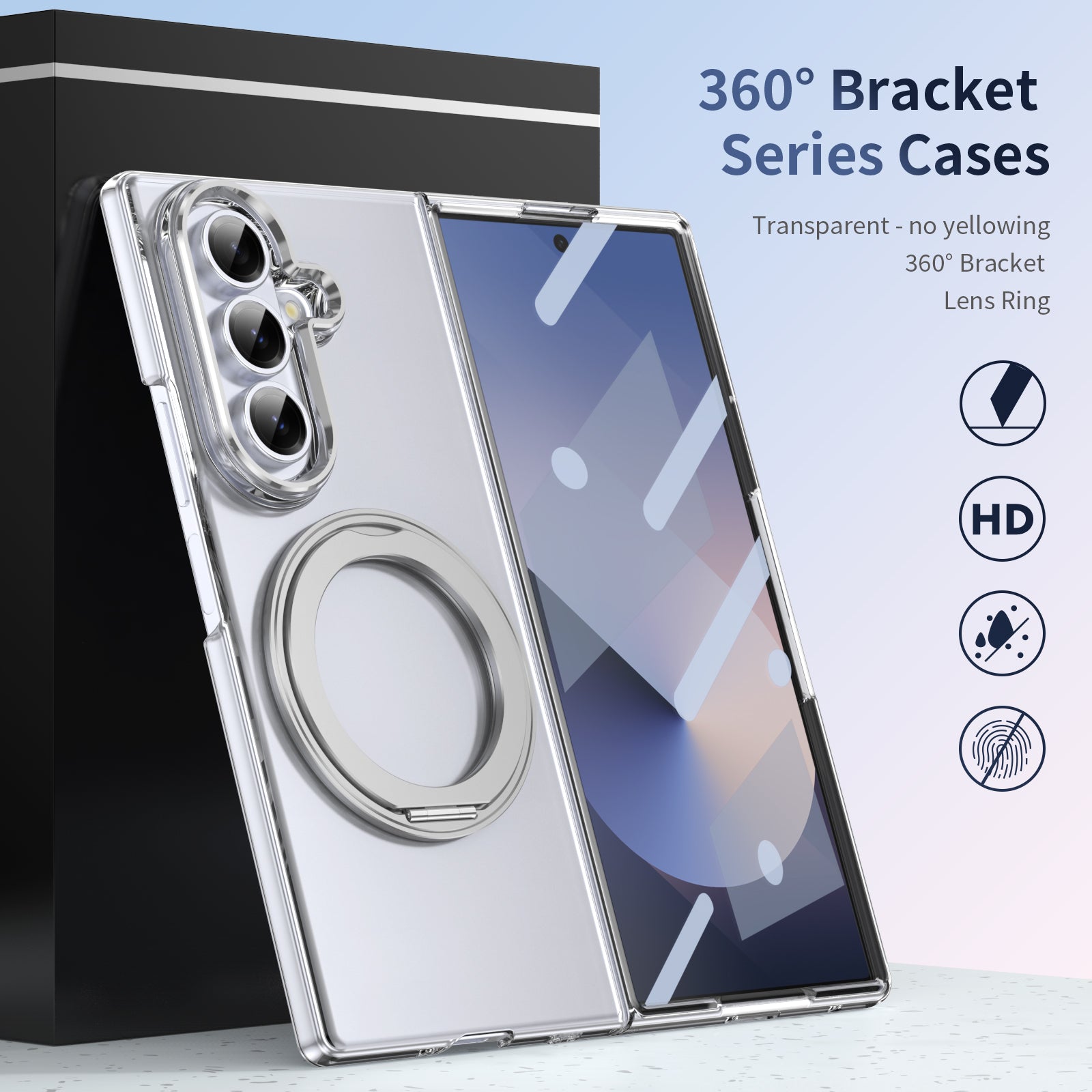 Clear 360°Rotating Magnetic Ring Stand Case for Samsung Galaxy Z Fold 7 with Tempered Glass[Silver]