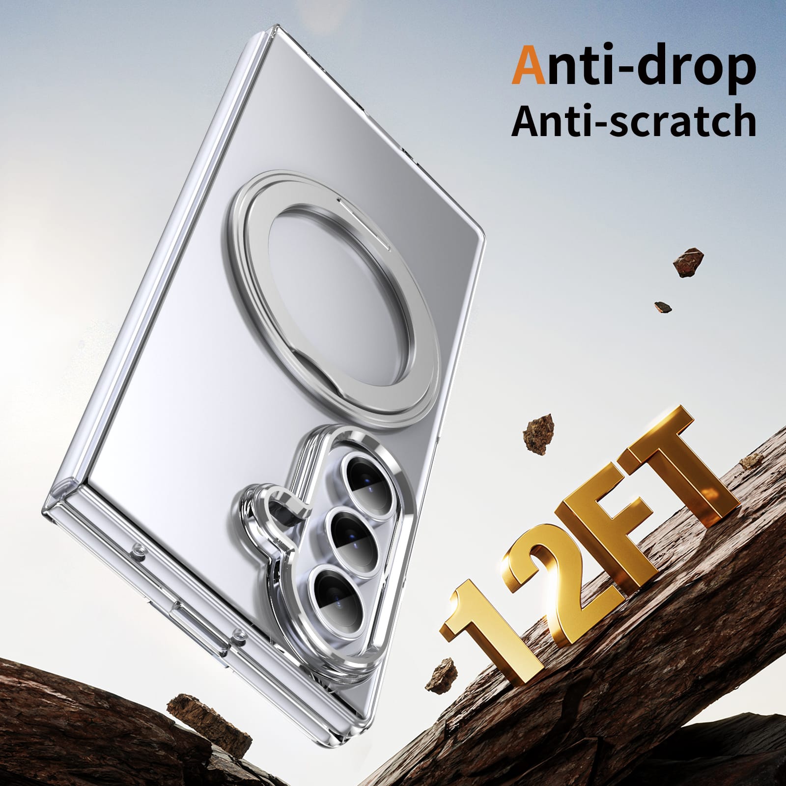 Clear 360°Rotating Magnetic Ring Stand Case for Samsung Galaxy Z Fold 7 with Tempered Glass[Silver]