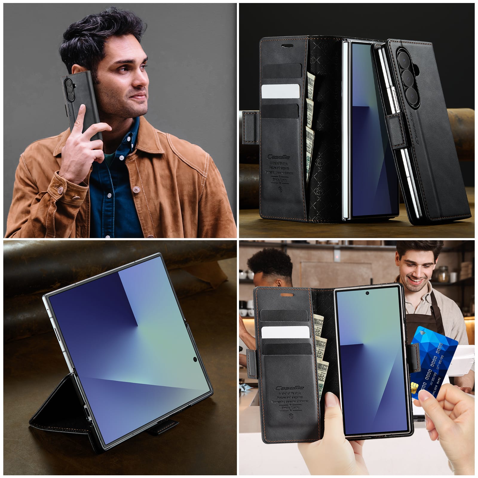 Vintage PU Leather Wallet Case with Hinge Protection for Samsung Galaxy Z Fold 7 [Black]