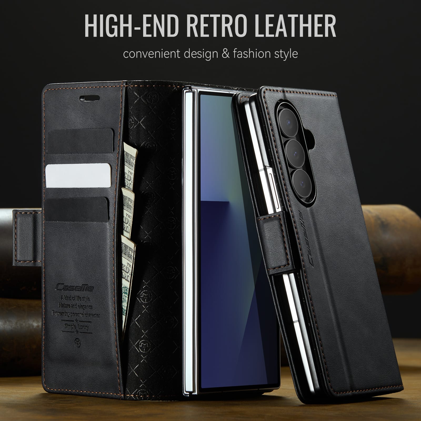 Vintage PU Leather Wallet Case with Hinge Protection for Samsung Galaxy Z Fold 7 [Black]