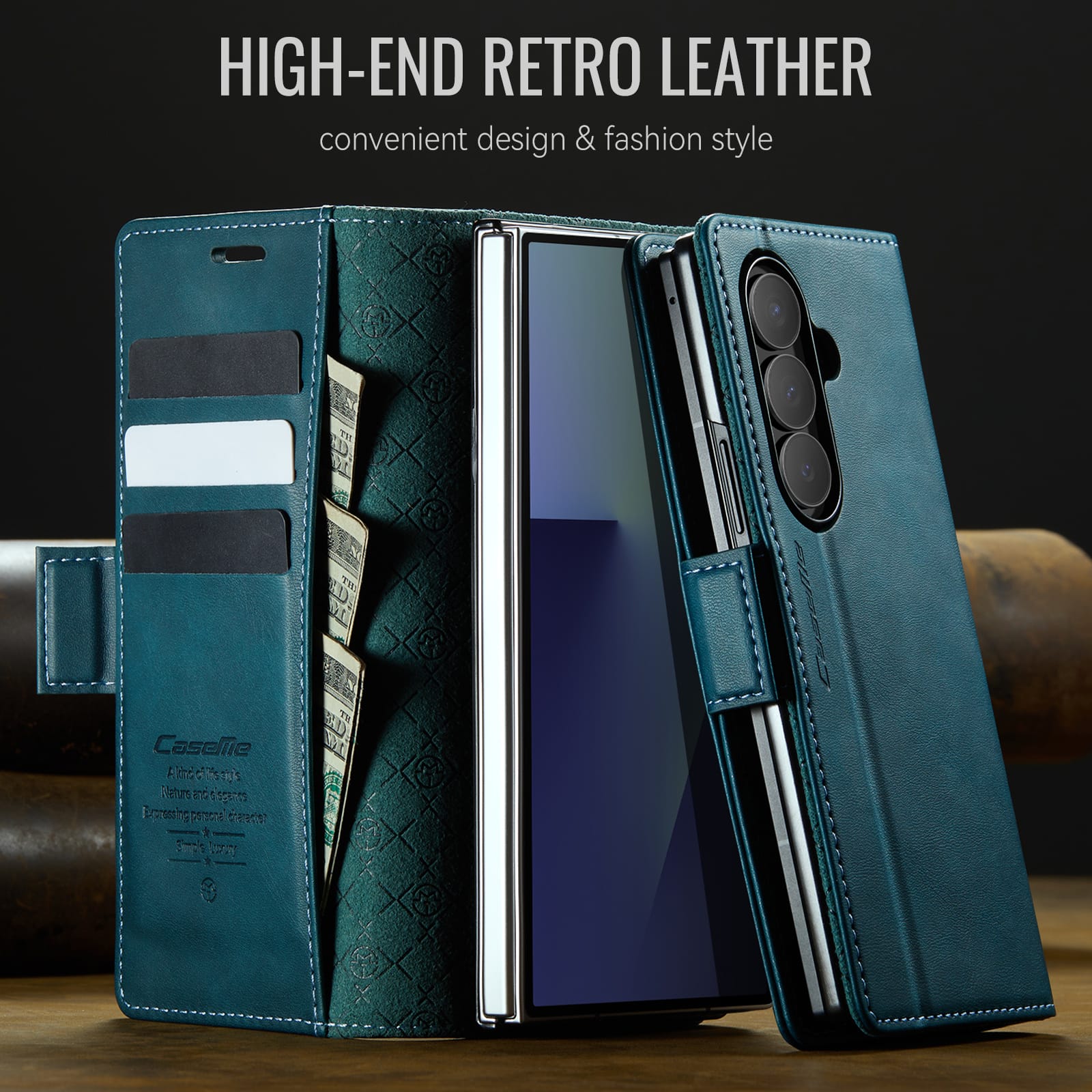Vintage PU Leather Wallet Case with Hinge Protection for Samsung Galaxy Z Fold 7 [Navy]