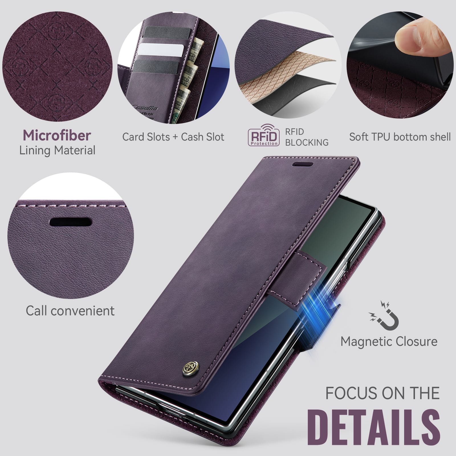 Vintage PU Leather Wallet Case with Hinge Protection for Samsung Galaxy Z Fold 7 [Purple]