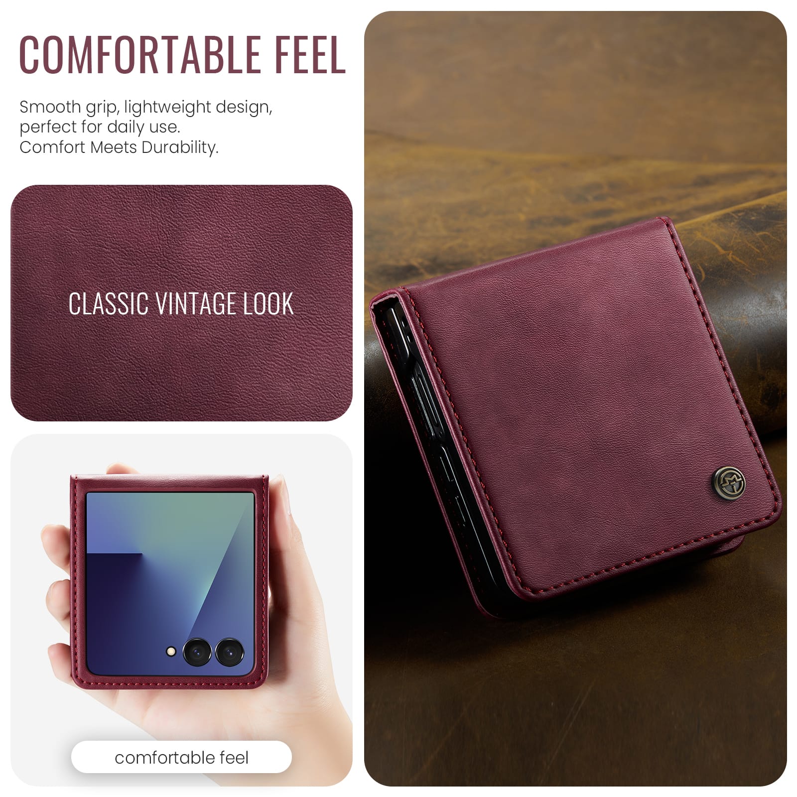 Stylish Samsung Galaxy Z Flip 7 Retro Leather Cover [Maroon]