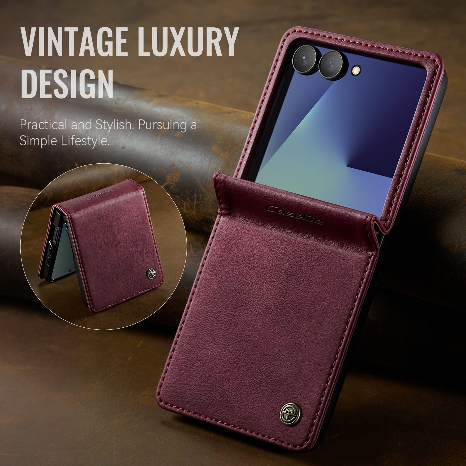 Stylish Samsung Galaxy Z Flip 7 Retro Leather Cover [Maroon]