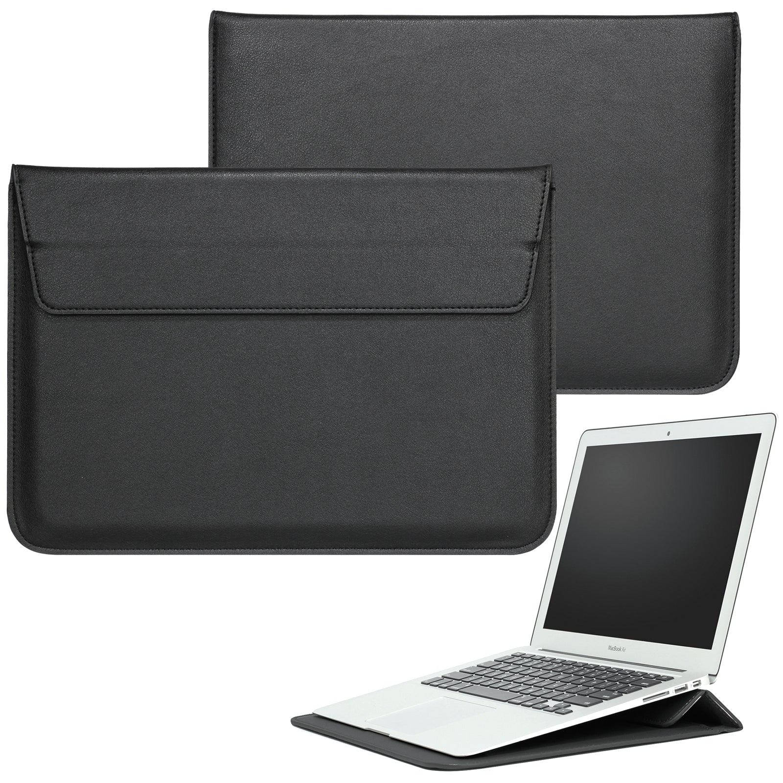 11-12" Laptop Sleeve with Foldable Stand - Premium PU Leather - Black