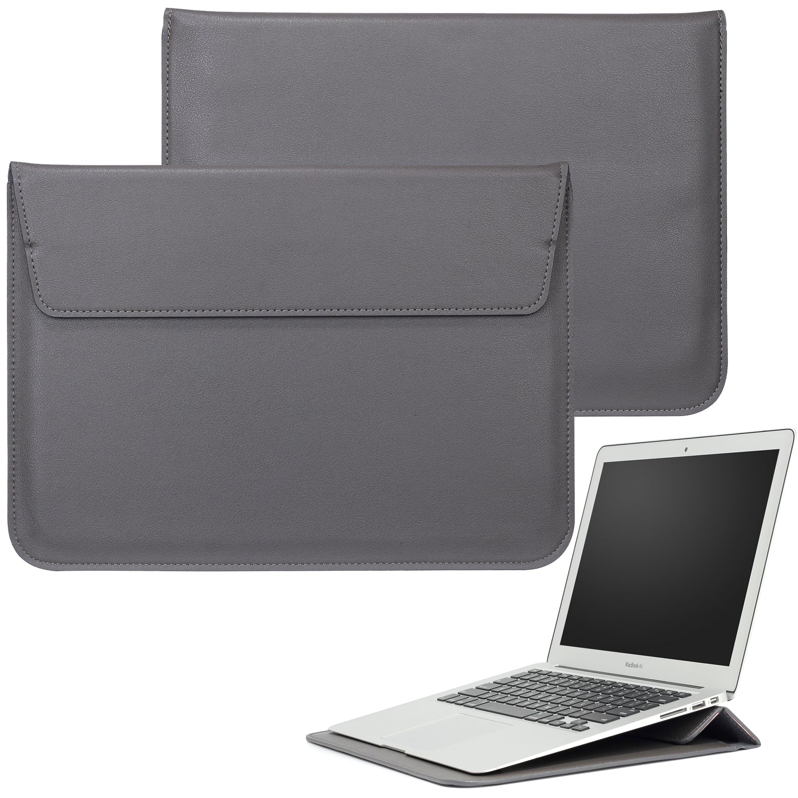 13-14" Laptop Sleeve with Foldable Stand - Premium PU Leather - Grey